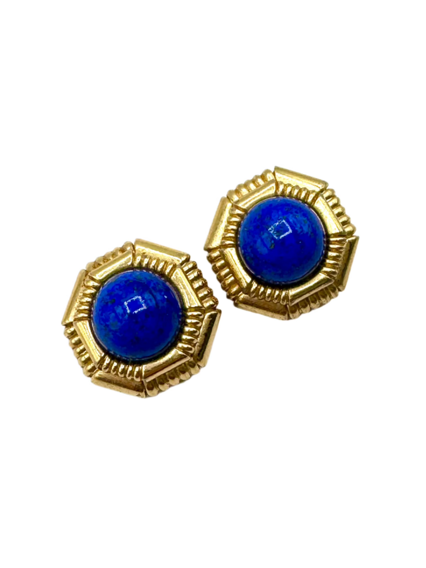 Vintage Ciner Lapis Blue Glass Cabochon Clip-On Earrings – Hexagon Statement Design
