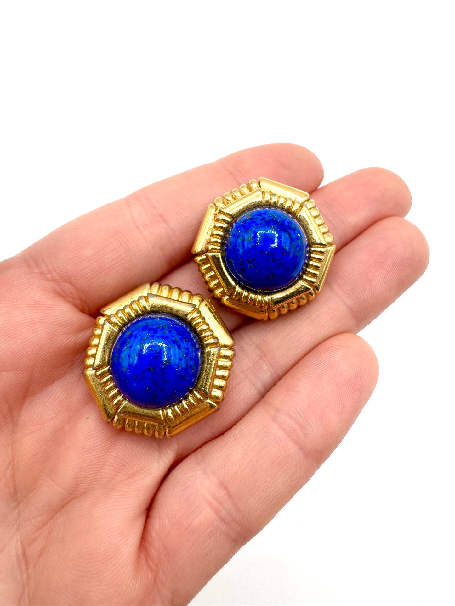 Vintage Ciner Lapis Blue Glass Cabochon Clip-On Earrings – Hexagon Statement Design