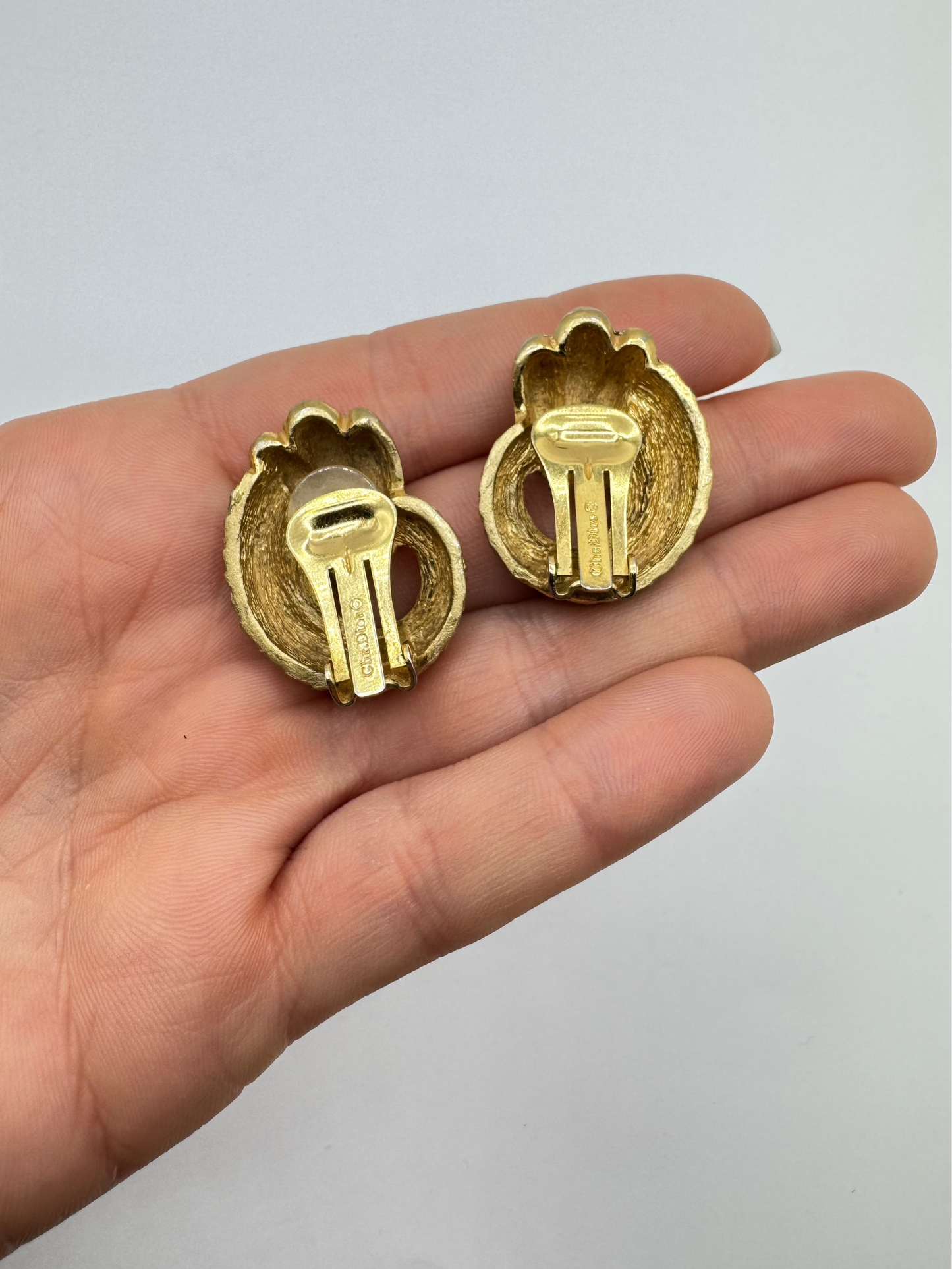 Vintage Christian Dior Textured Gold Clip-On Earrings, 1980s