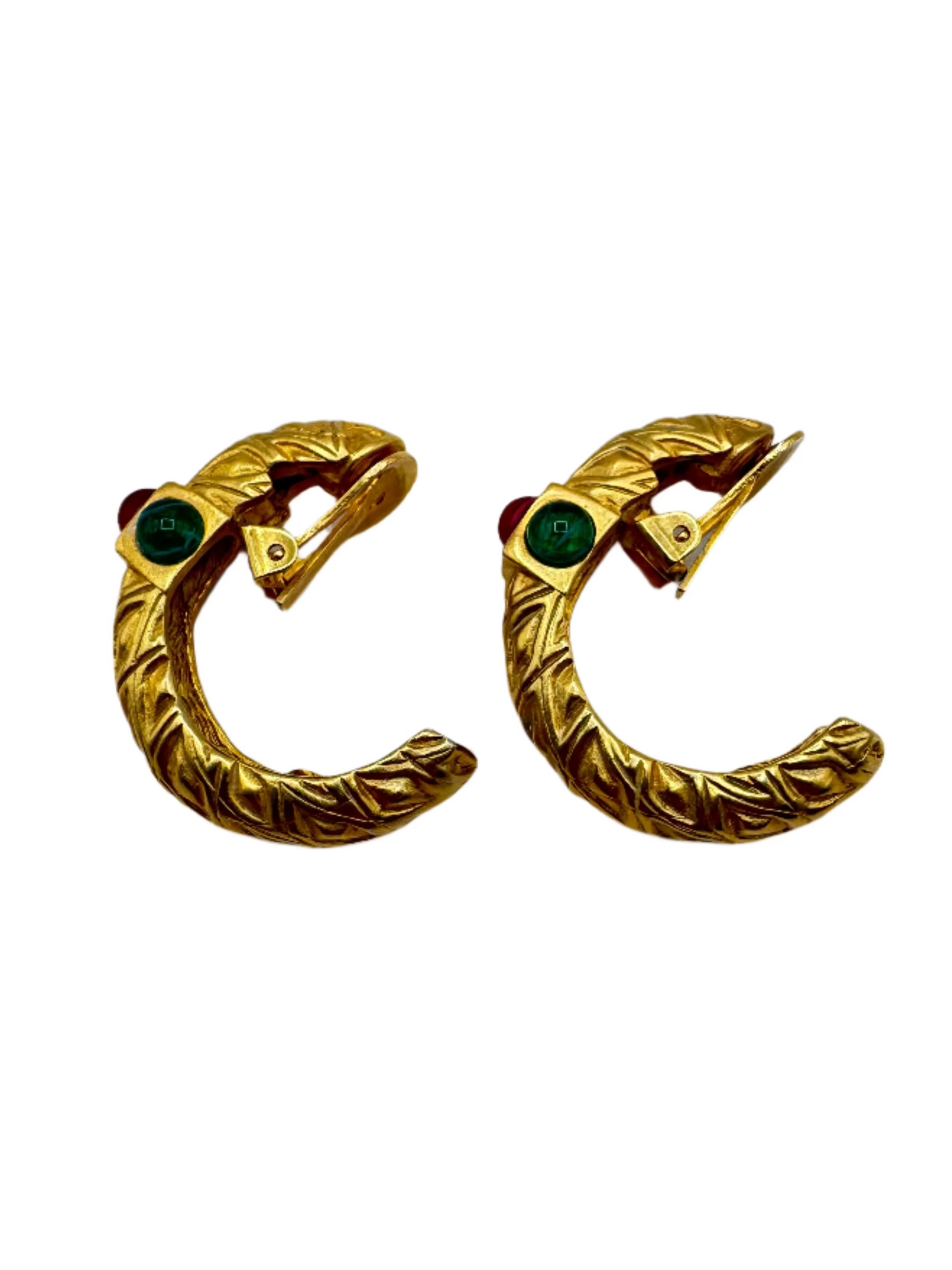 Vintage Textured Gold Clip-On Earrings with Cabochon Glass Accents, 1980s Bold Style