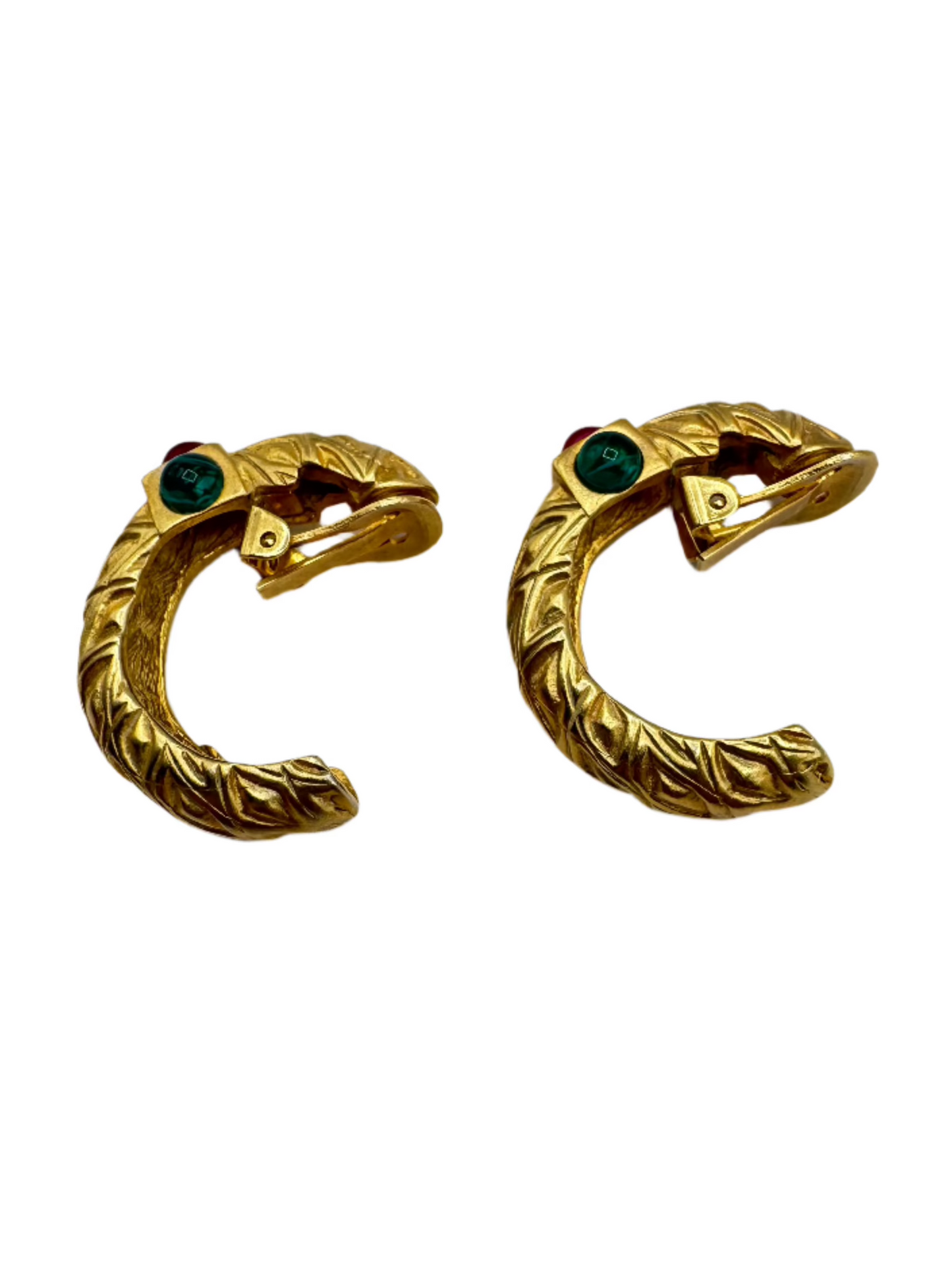 Vintage Textured Gold Clip-On Earrings with Cabochon Glass Accents, 1980s Bold Style