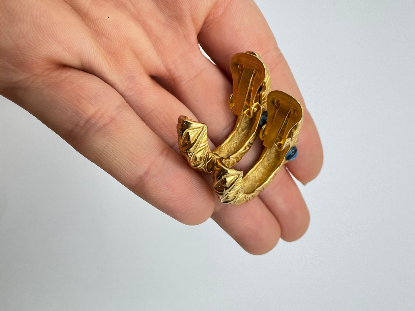 Vintage Textured Gold Clip-On Earrings with Cabochon Glass Accents, 1980s Bold Style