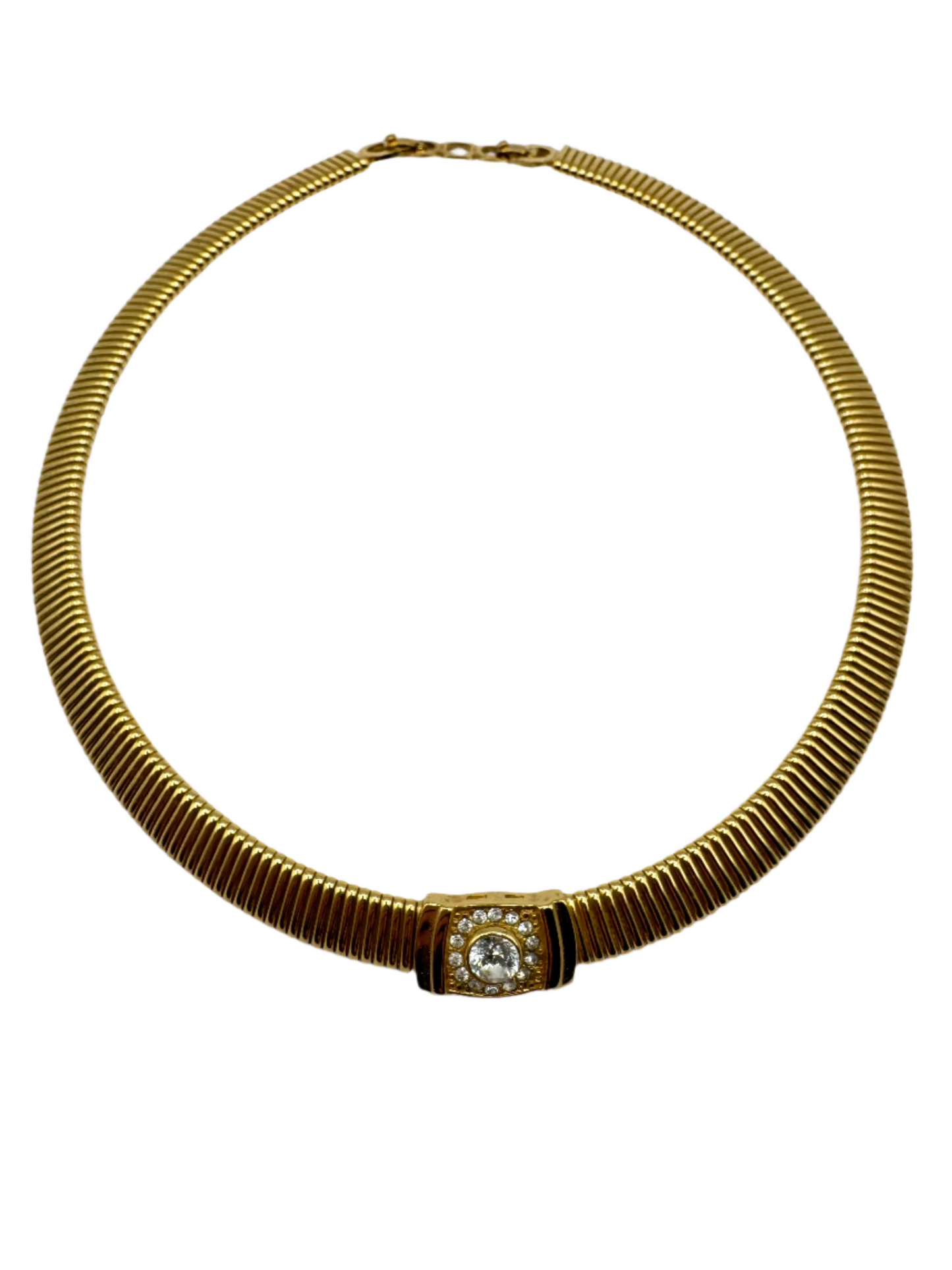 Vintage Christian Dior Gold-Tone Tubogas Necklace with Crystal Centerpiece