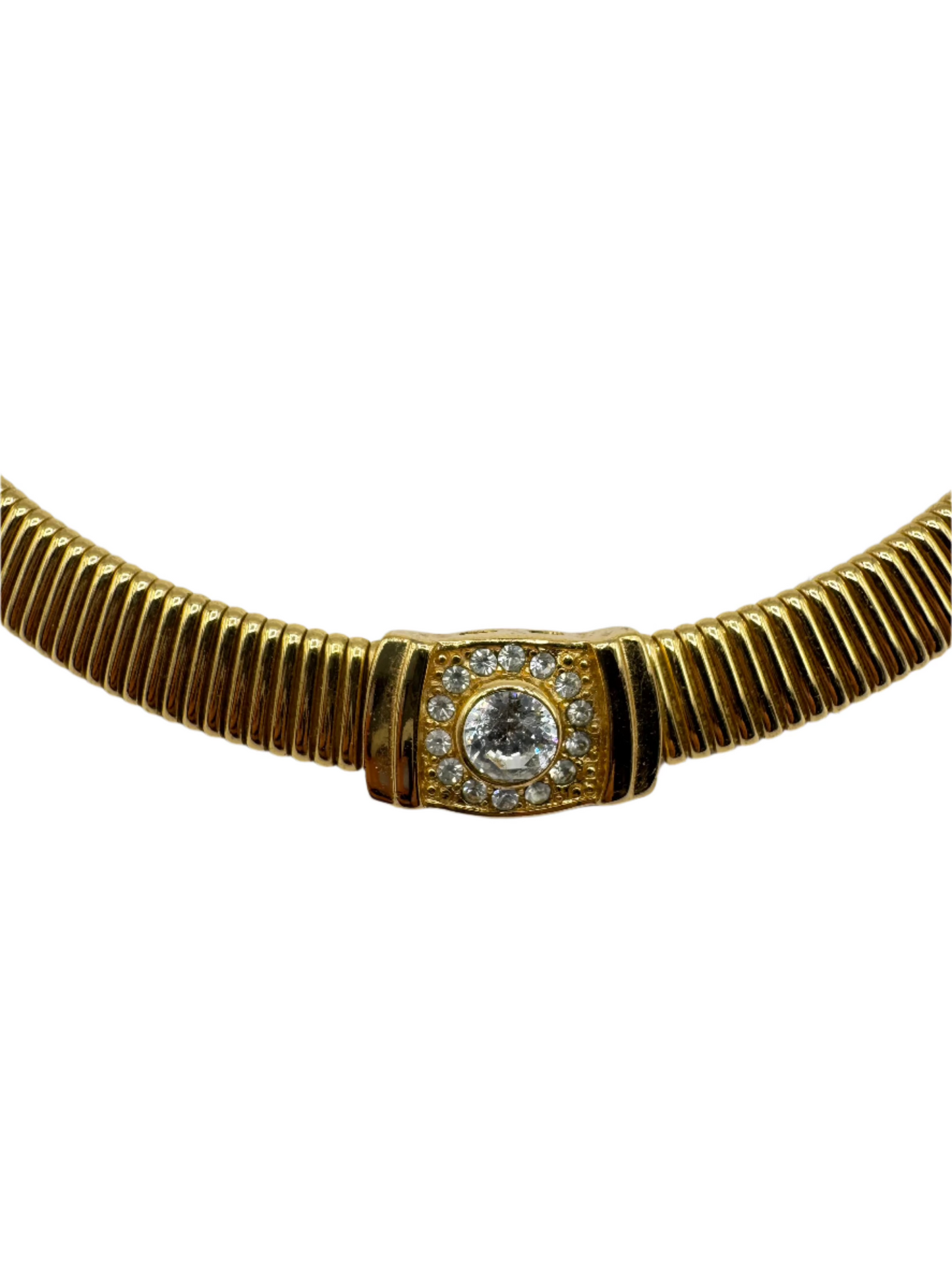 Vintage Christian Dior Gold-Tone Tubogas Necklace with Crystal Centerpiece