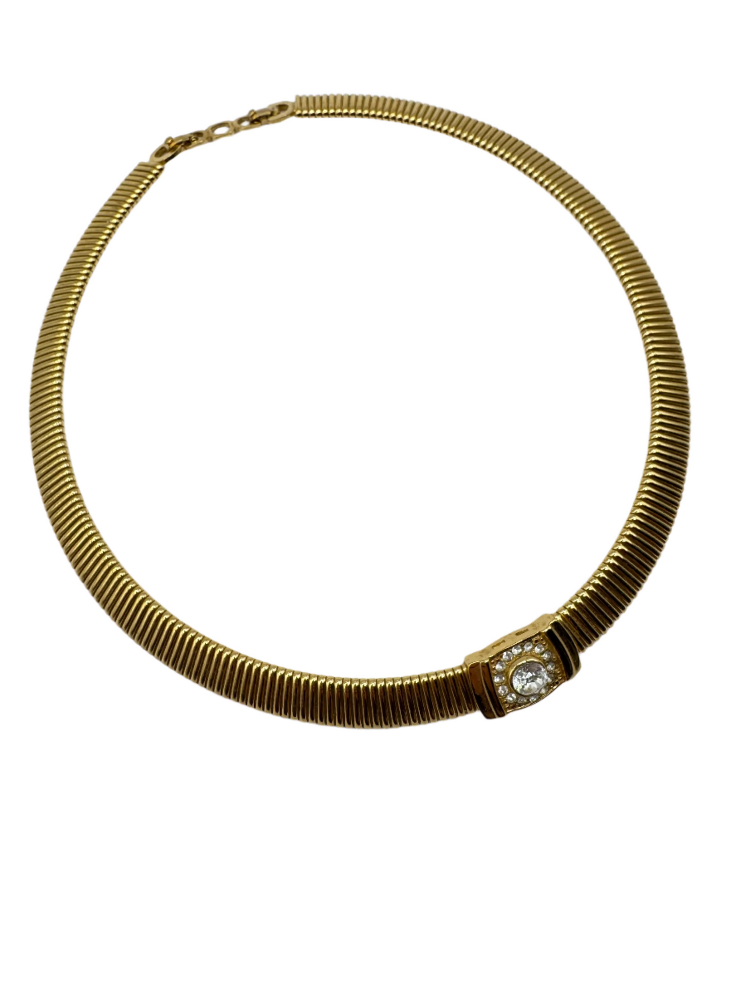 Vintage Christian Dior Gold-Tone Tubogas Necklace with Crystal Centerpiece