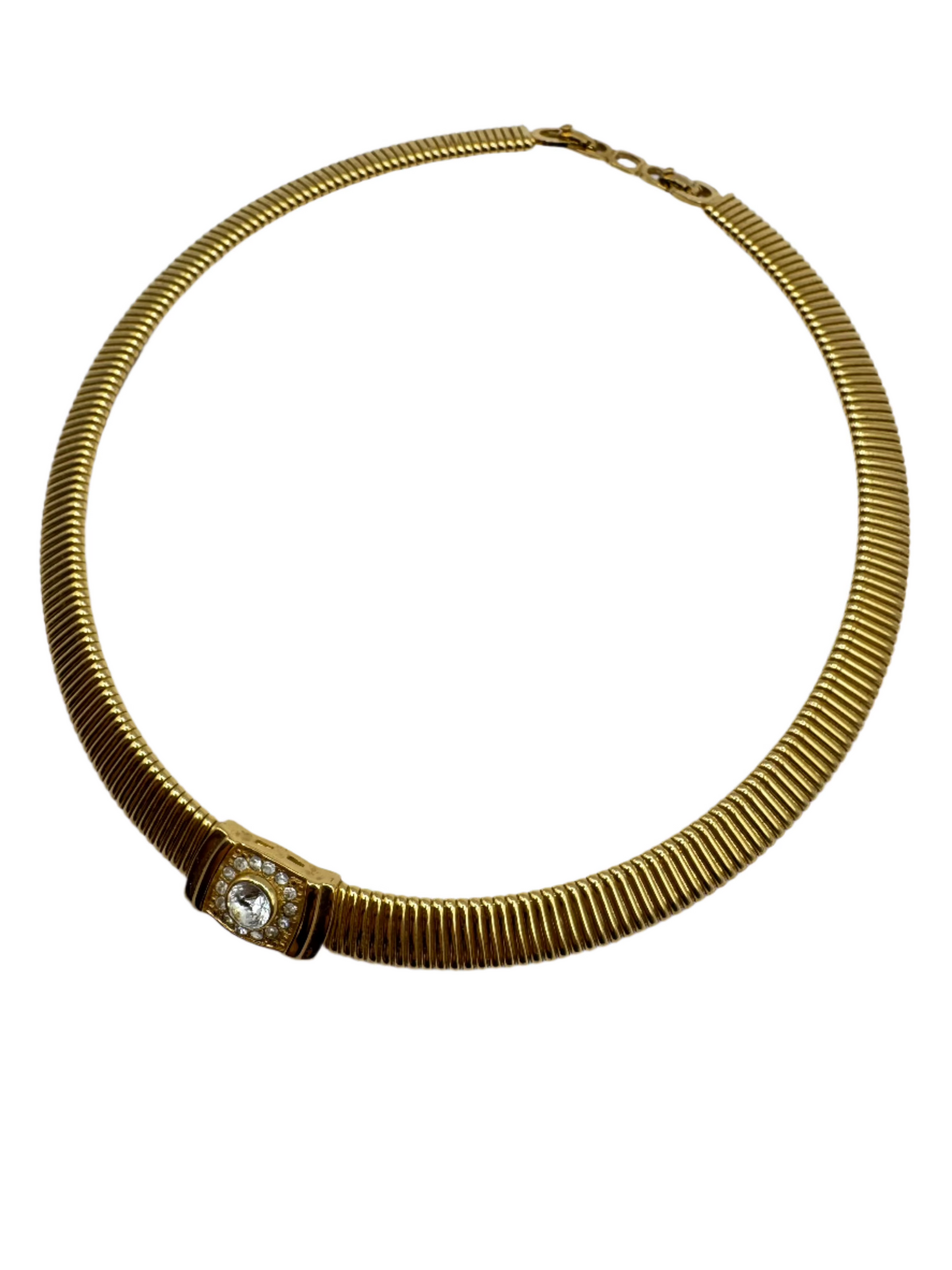 Vintage Christian Dior Gold-Tone Tubogas Necklace with Crystal Centerpiece