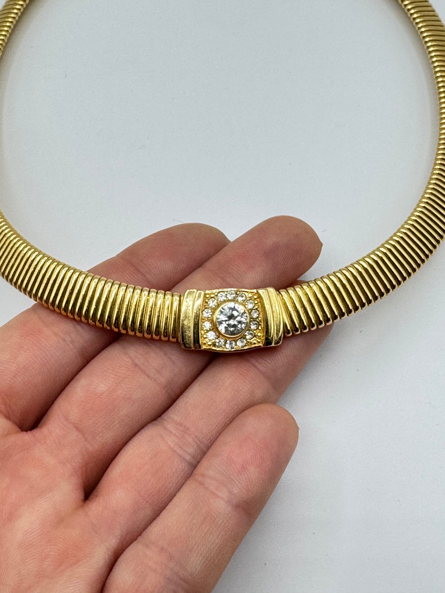 Vintage Christian Dior Gold-Tone Tubogas Necklace with Crystal Centerpiece