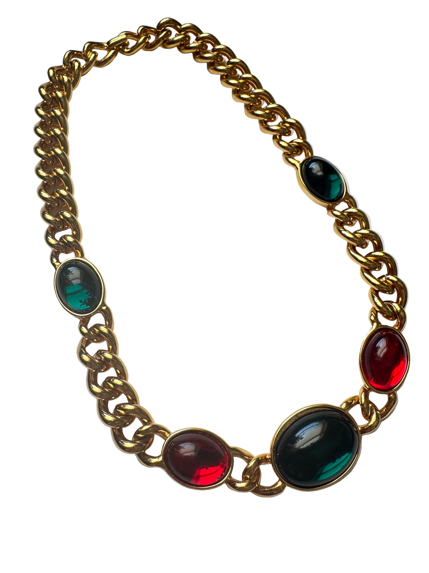 Vintage Kenneth Jay Lane Gold Tone Green Red Lucite Cabochons Statement Necklace