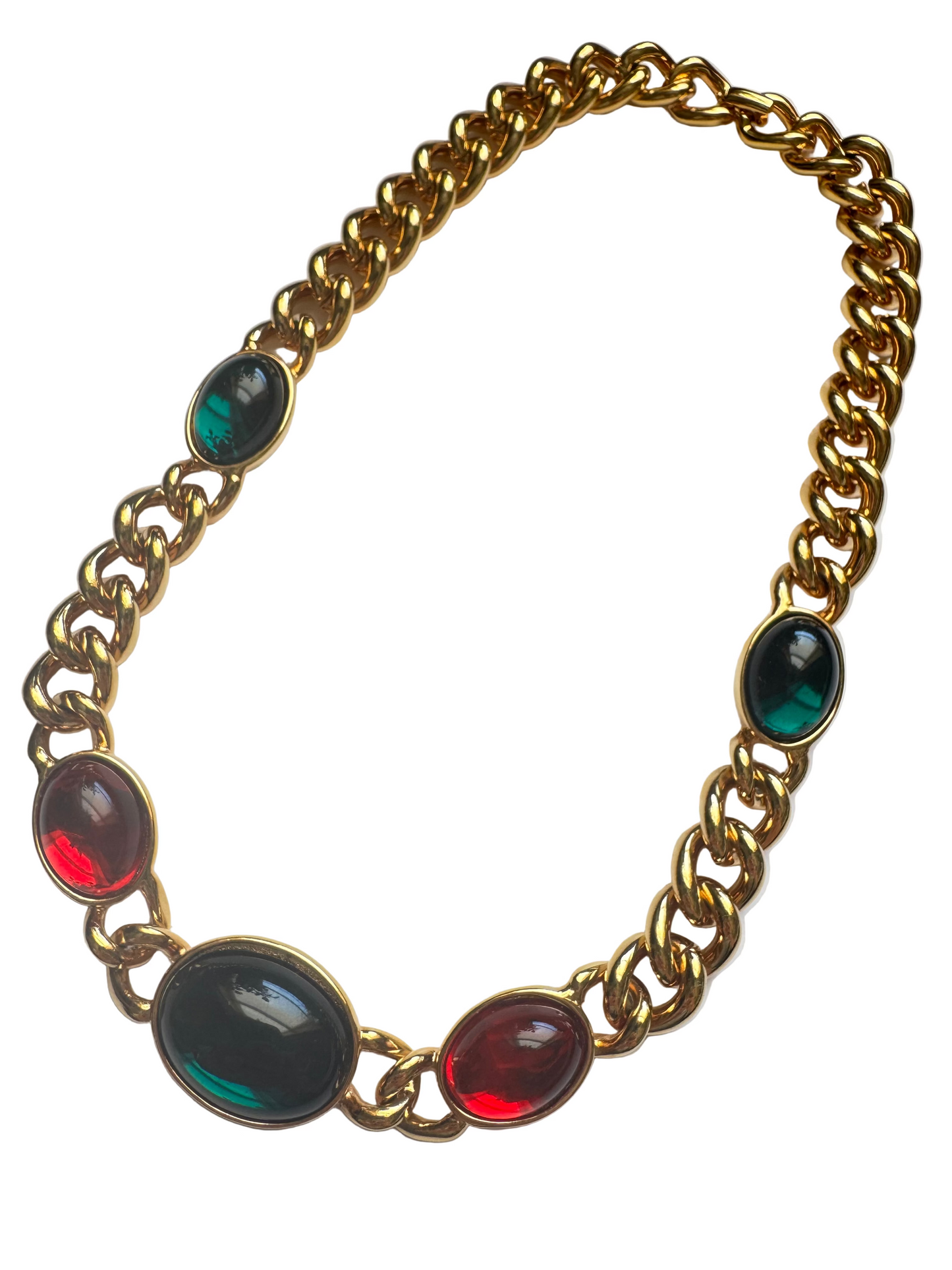 Vintage Kenneth Jay Lane Gold Tone Green Red Lucite Cabochons Statement Necklace
