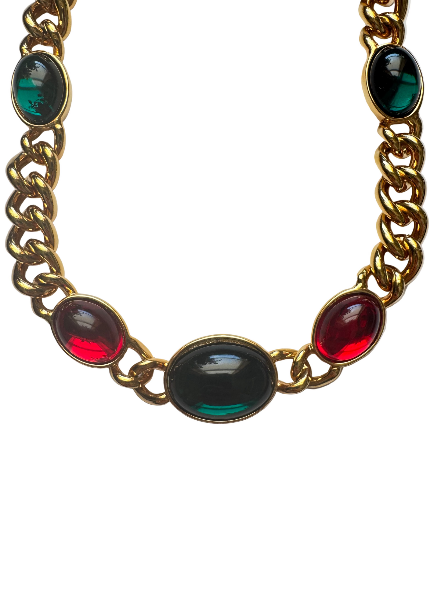 Vintage Kenneth Jay Lane Gold Tone Green Red Lucite Cabochons Statement Necklace
