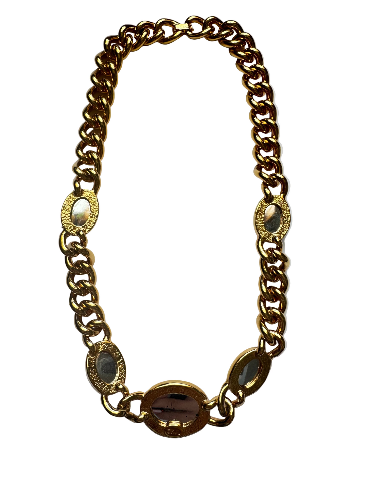Vintage Kenneth Jay Lane Gold Tone Green Red Lucite Cabochons Statement Necklace