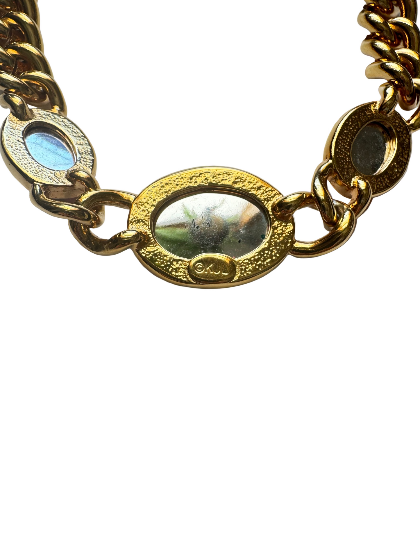 Vintage Kenneth Jay Lane Gold Tone Green Red Lucite Cabochons Statement Necklace