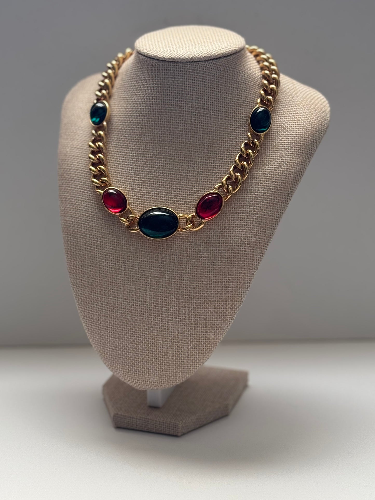 Vintage Kenneth Jay Lane Gold Tone Green Red Lucite Cabochons Statement Necklace