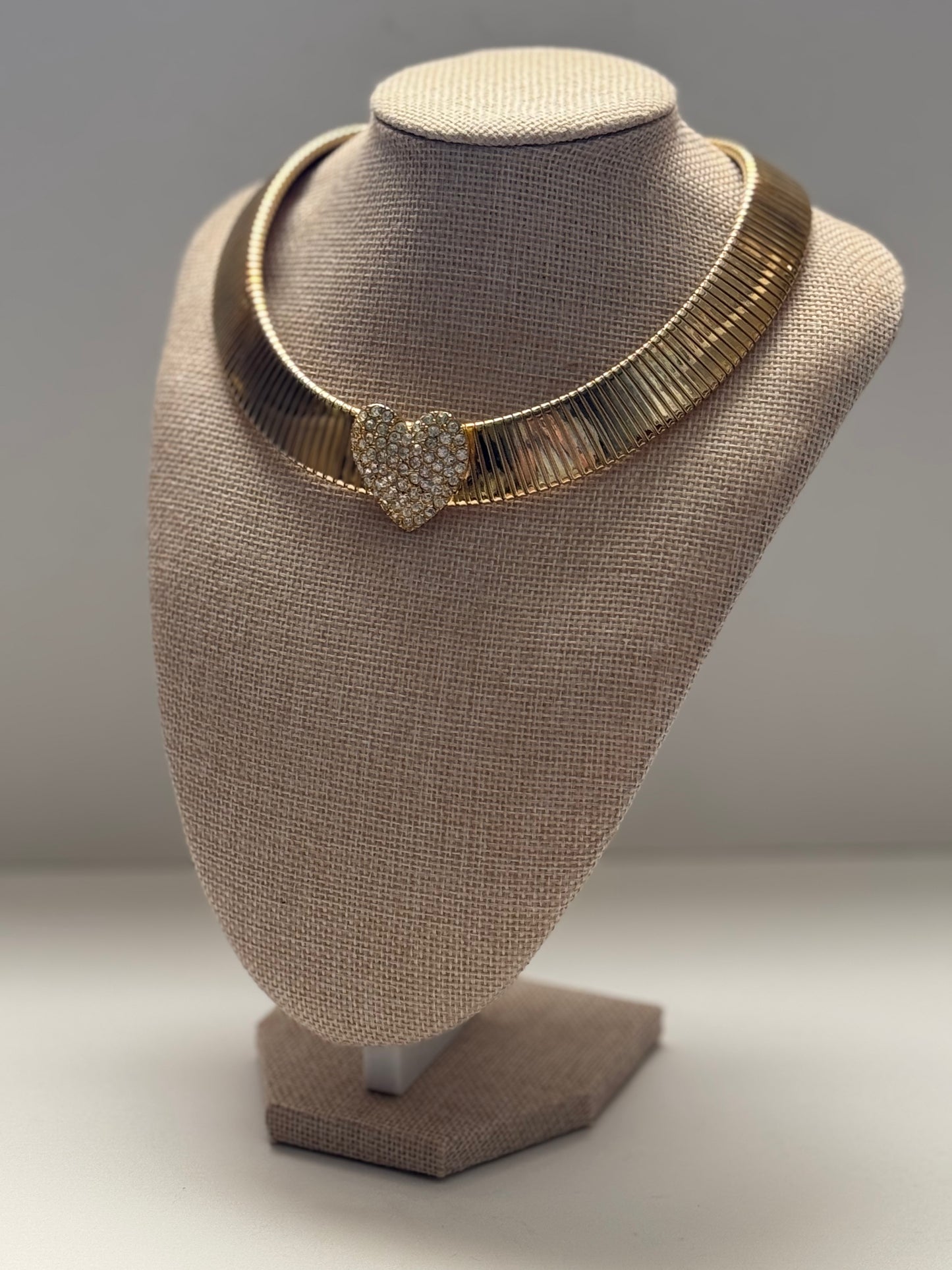 Vintage Gold Tone Omega Collar Necklace with Pave Rhinestone Heart