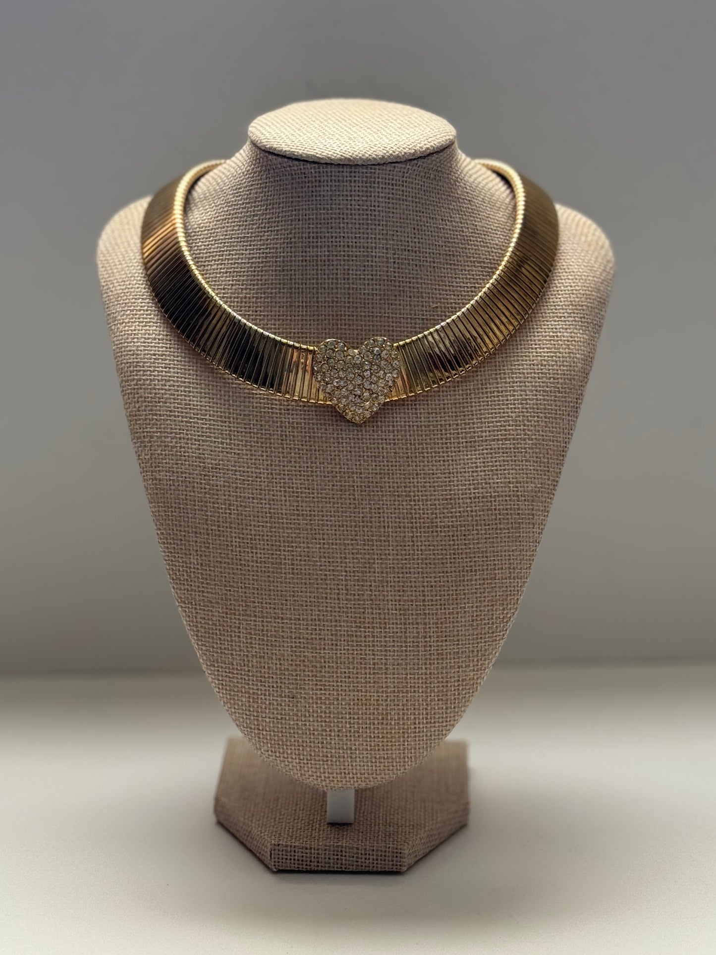 Vintage Gold Tone Omega Collar Necklace with Pave Rhinestone Heart