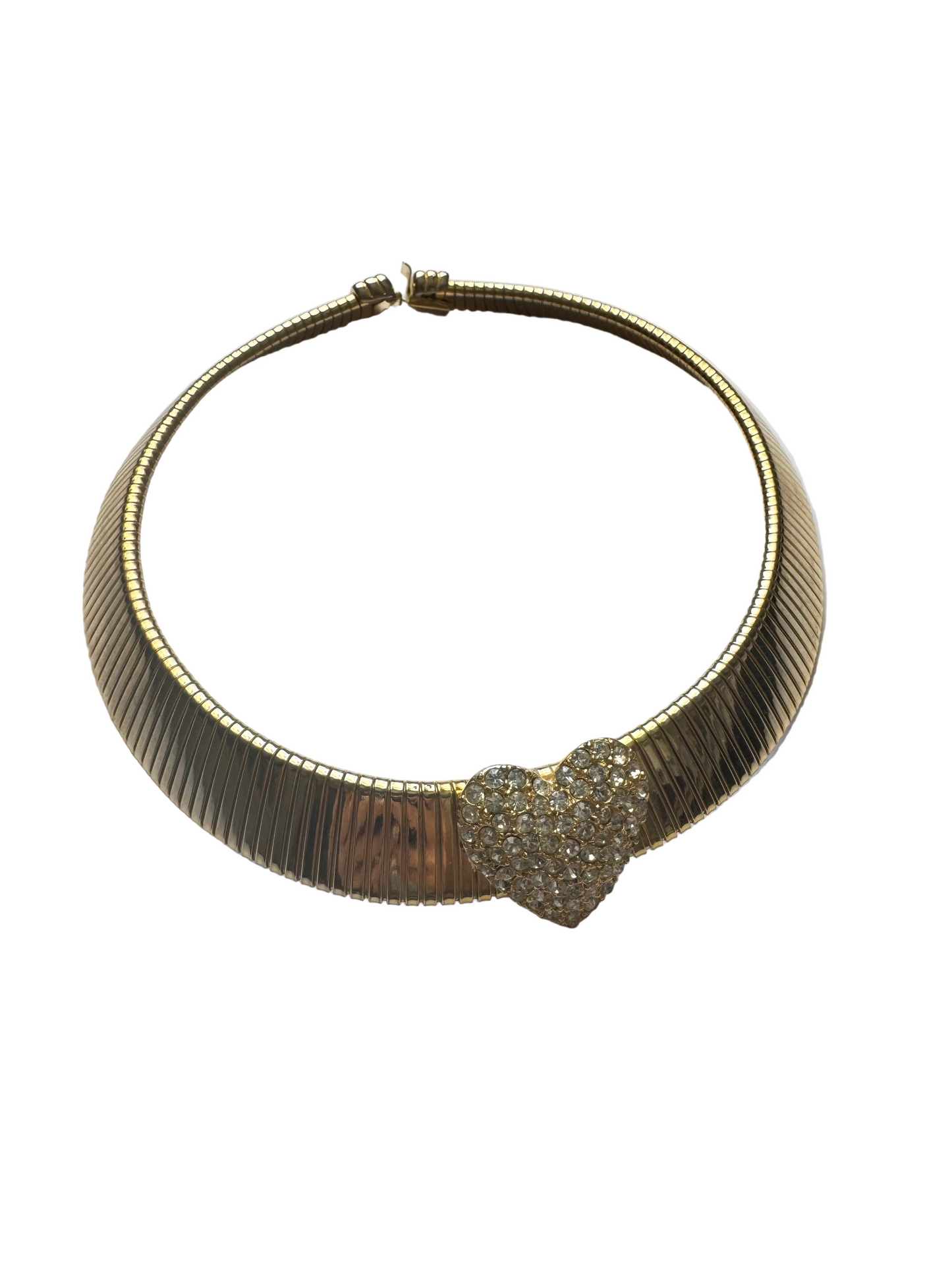 Vintage Gold Tone Omega Collar Necklace with Pave Rhinestone Heart