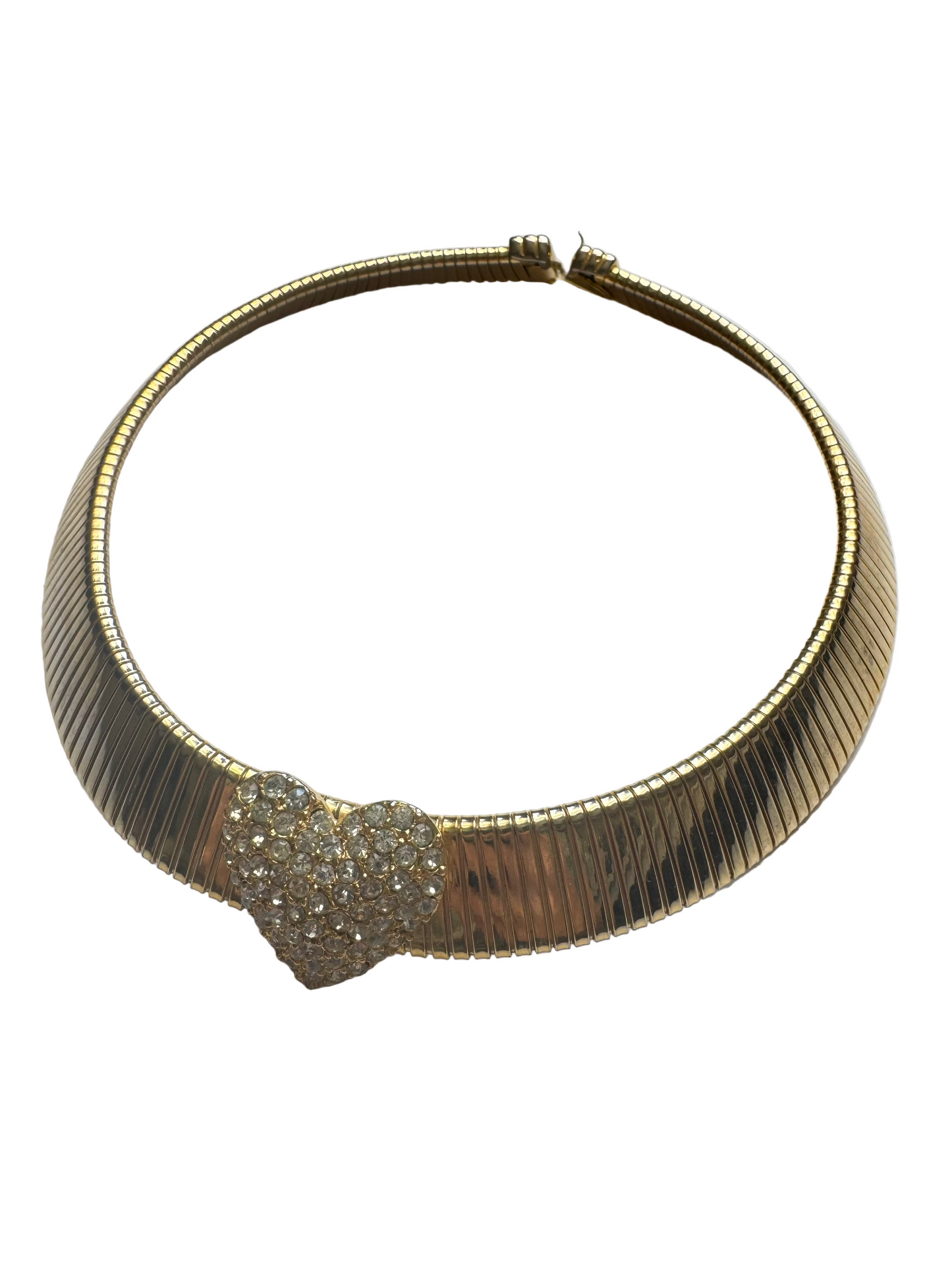 Vintage Gold Tone Omega Collar Necklace with Pave Rhinestone Heart