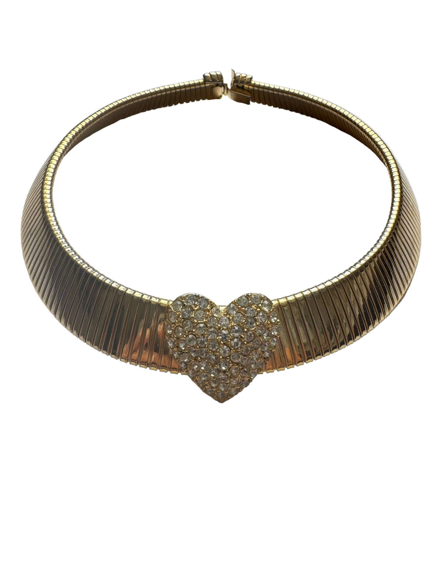 Vintage Gold Tone Omega Collar Necklace with Pave Rhinestone Heart