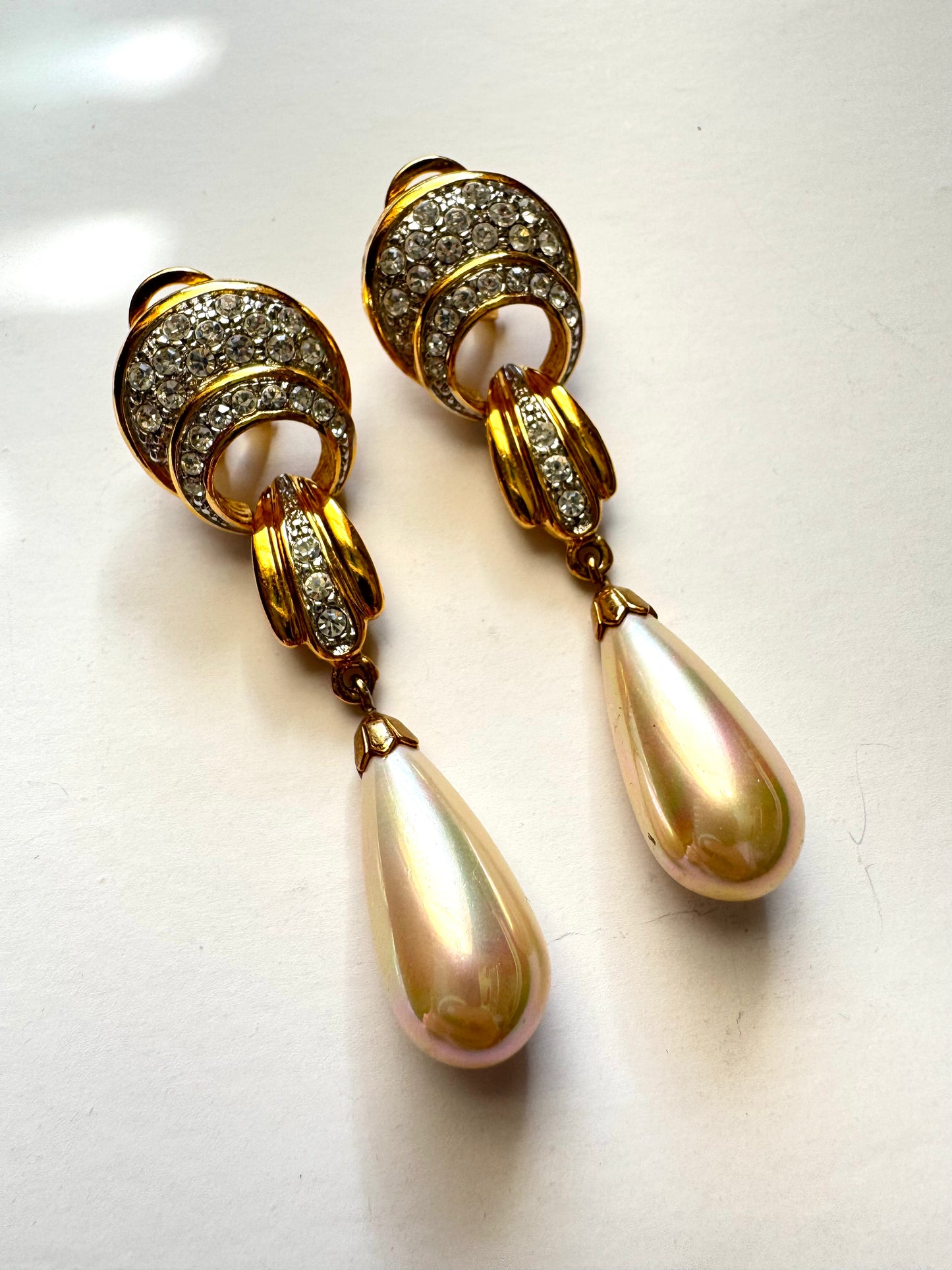 Vintage Rhinestone & Faux Pearl Dangle Clip Earrings