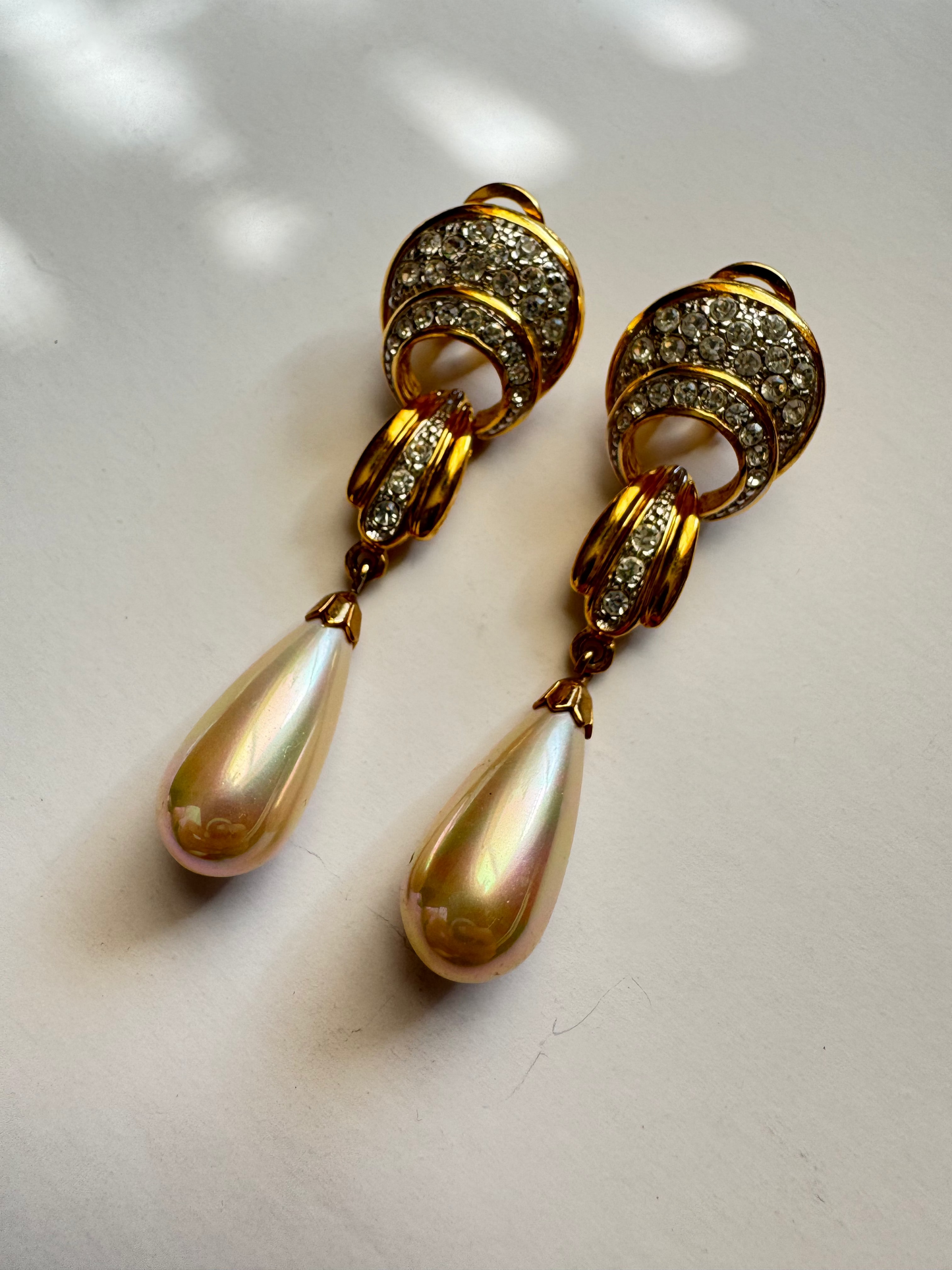 Vintage Rhinestone & Faux Pearl Dangle Clip Earrings