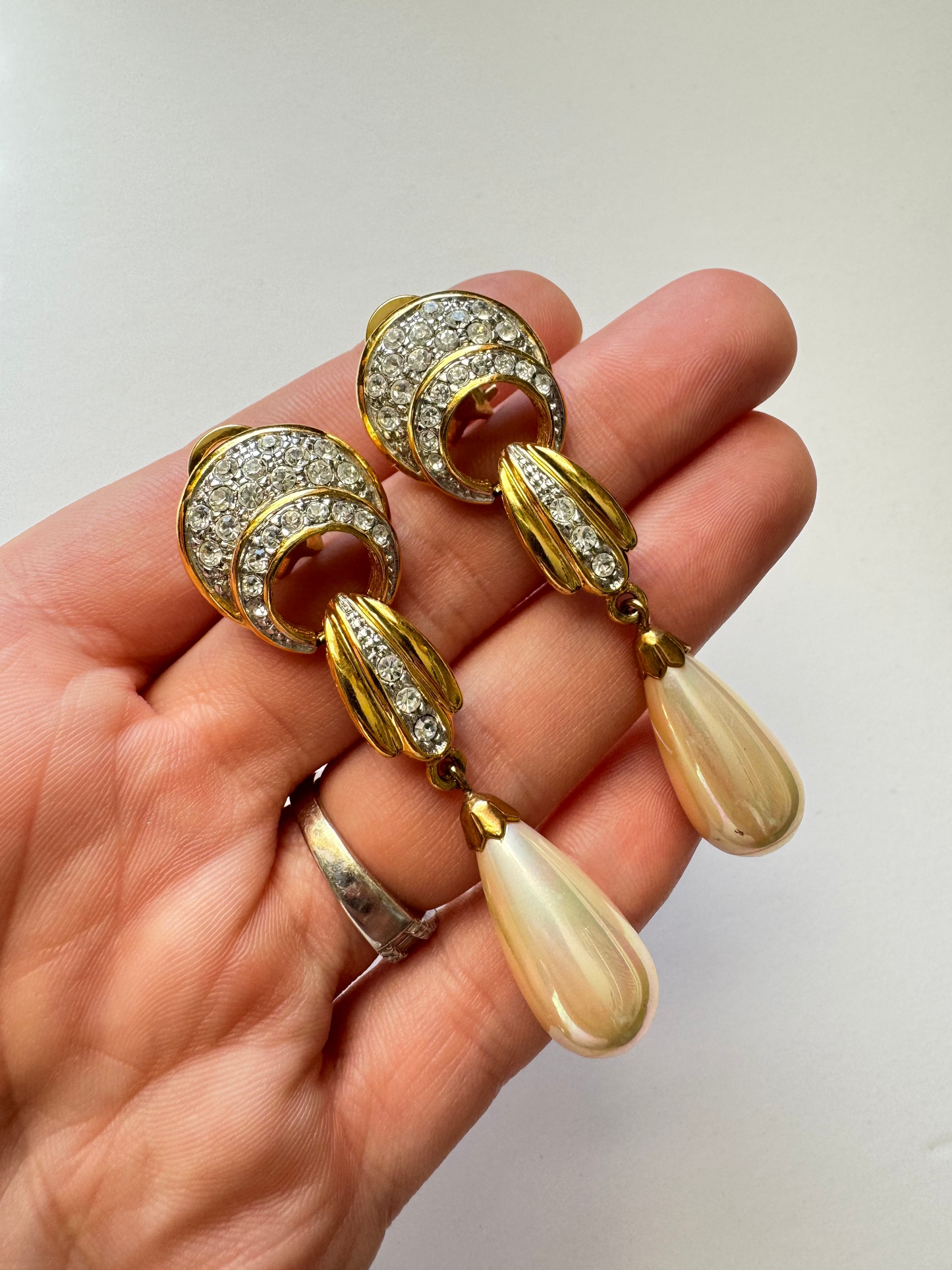 Vintage Rhinestone & Faux Pearl Dangle Clip Earrings