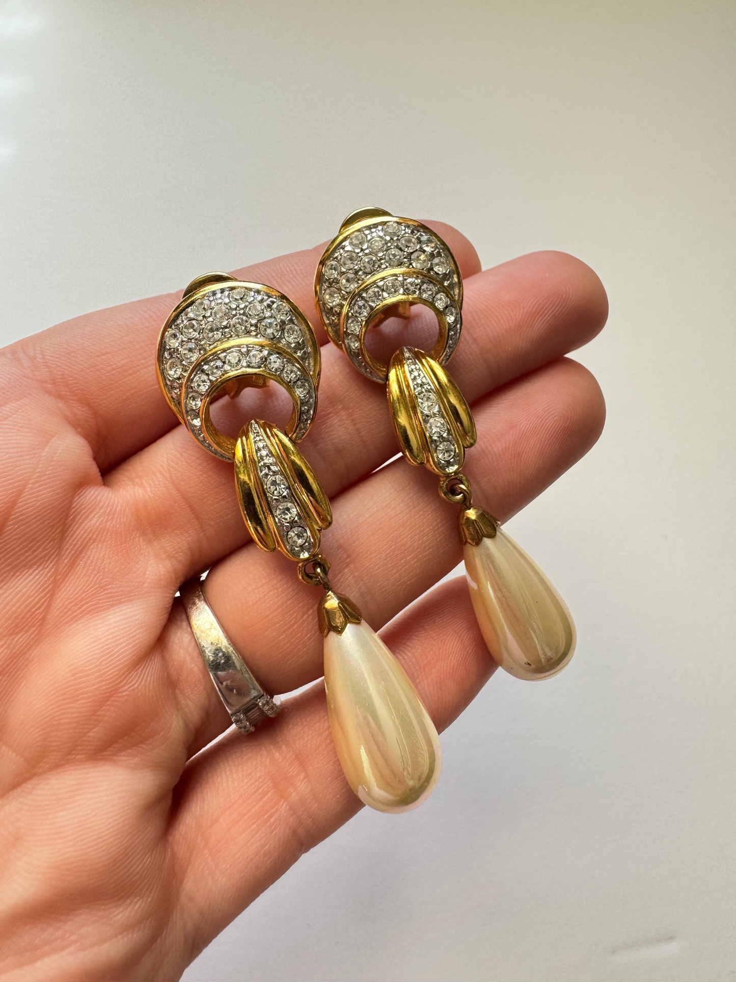 Vintage Rhinestone & Faux Pearl Dangle Clip Earrings