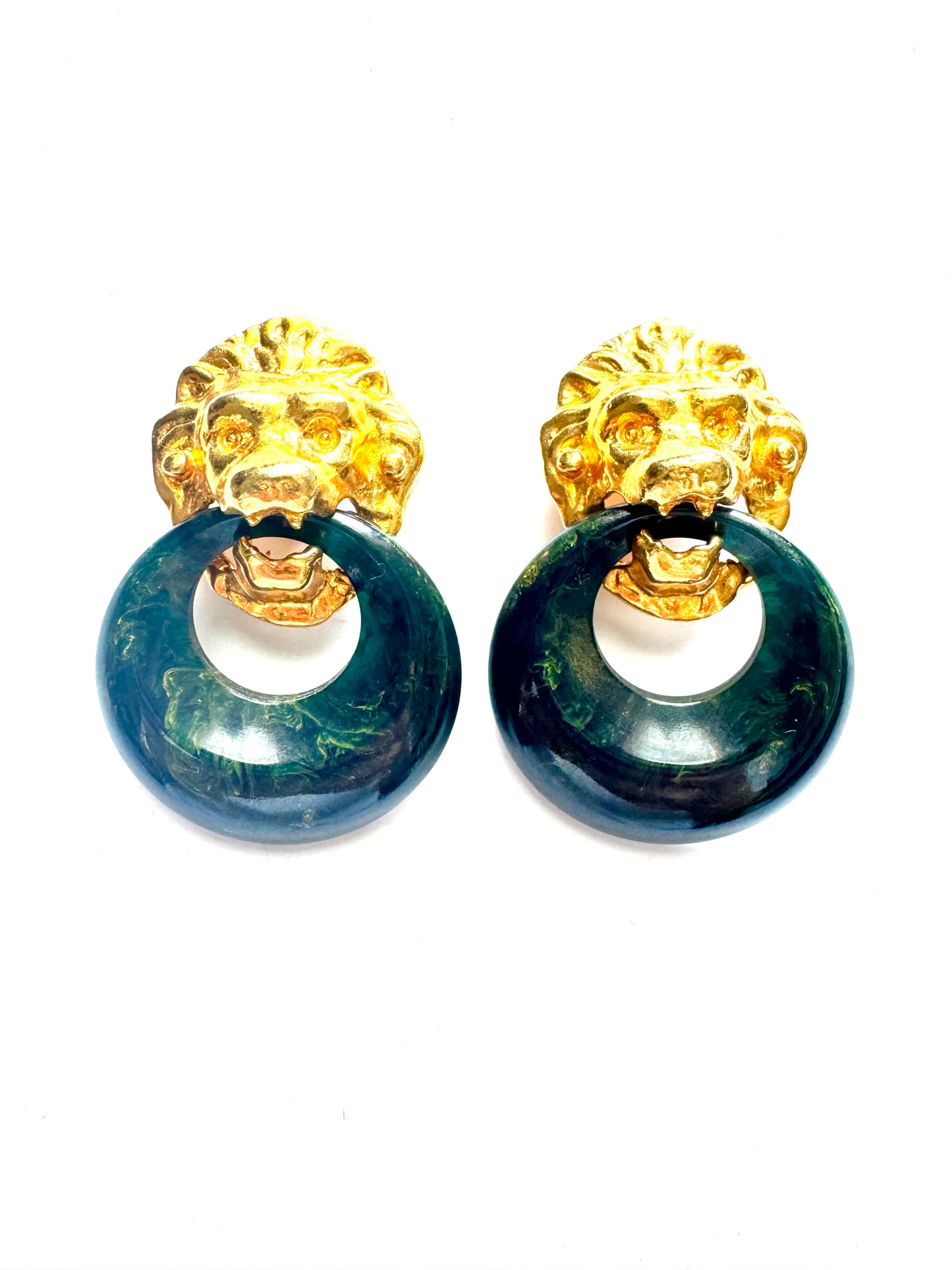 Vintage Kenneth Lane Lion Head Green Resin Hoop Clip-On Earrings