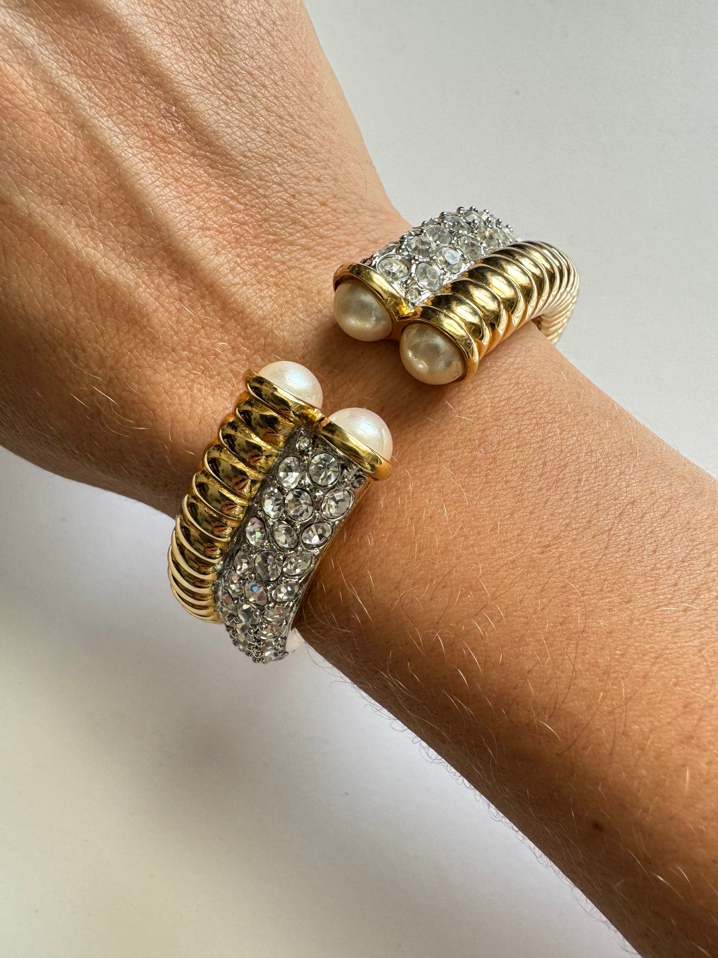 Vintage Nolan Miller Pearl & Crystal Hinged Cuff Bracelet