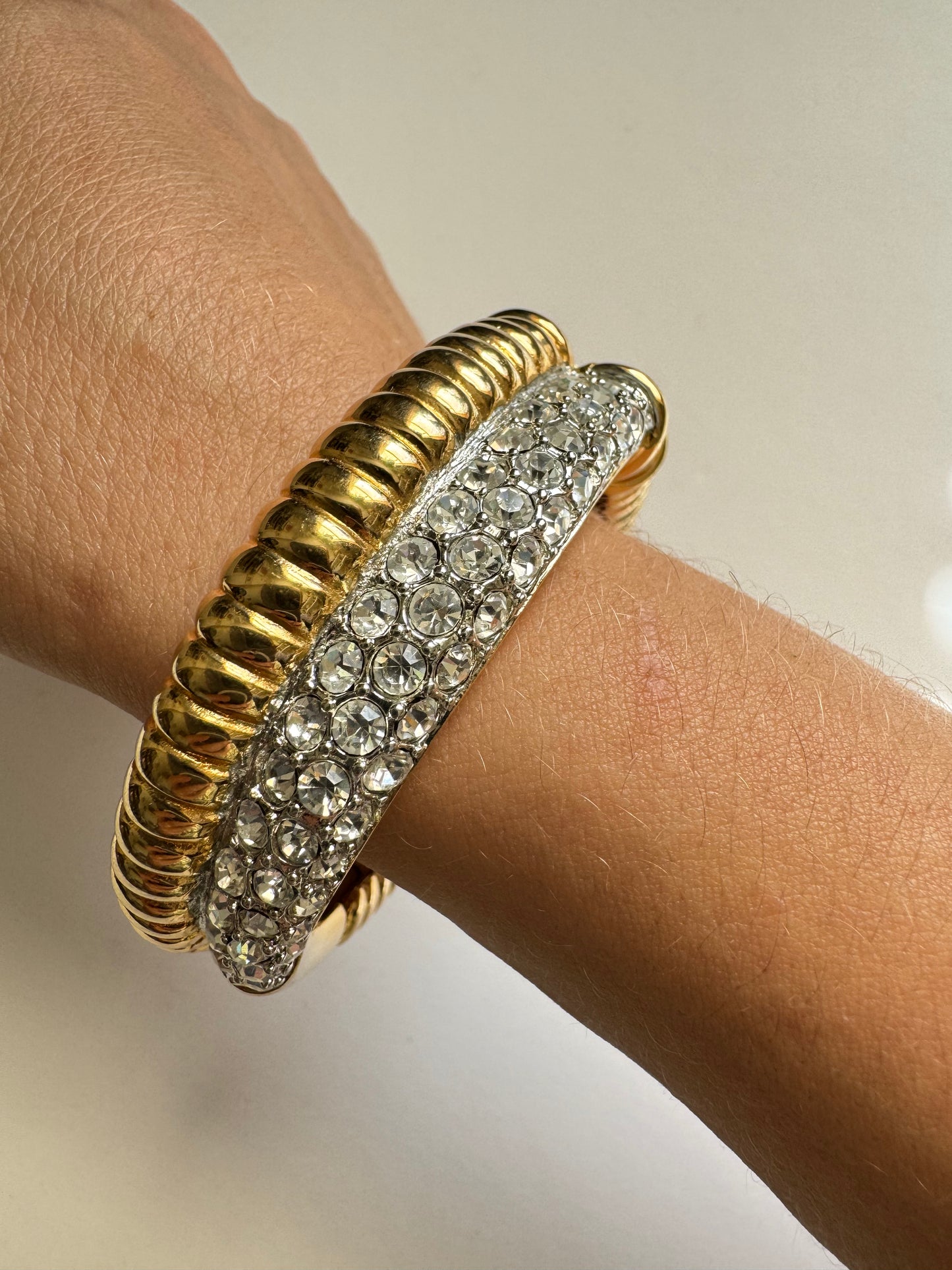 Vintage Nolan Miller Pearl & Crystal Hinged Cuff Bracelet