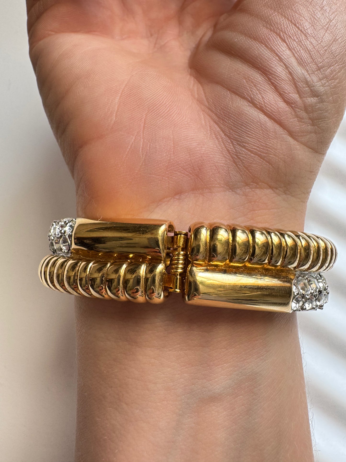 Vintage Nolan Miller Pearl & Crystal Hinged Cuff Bracelet