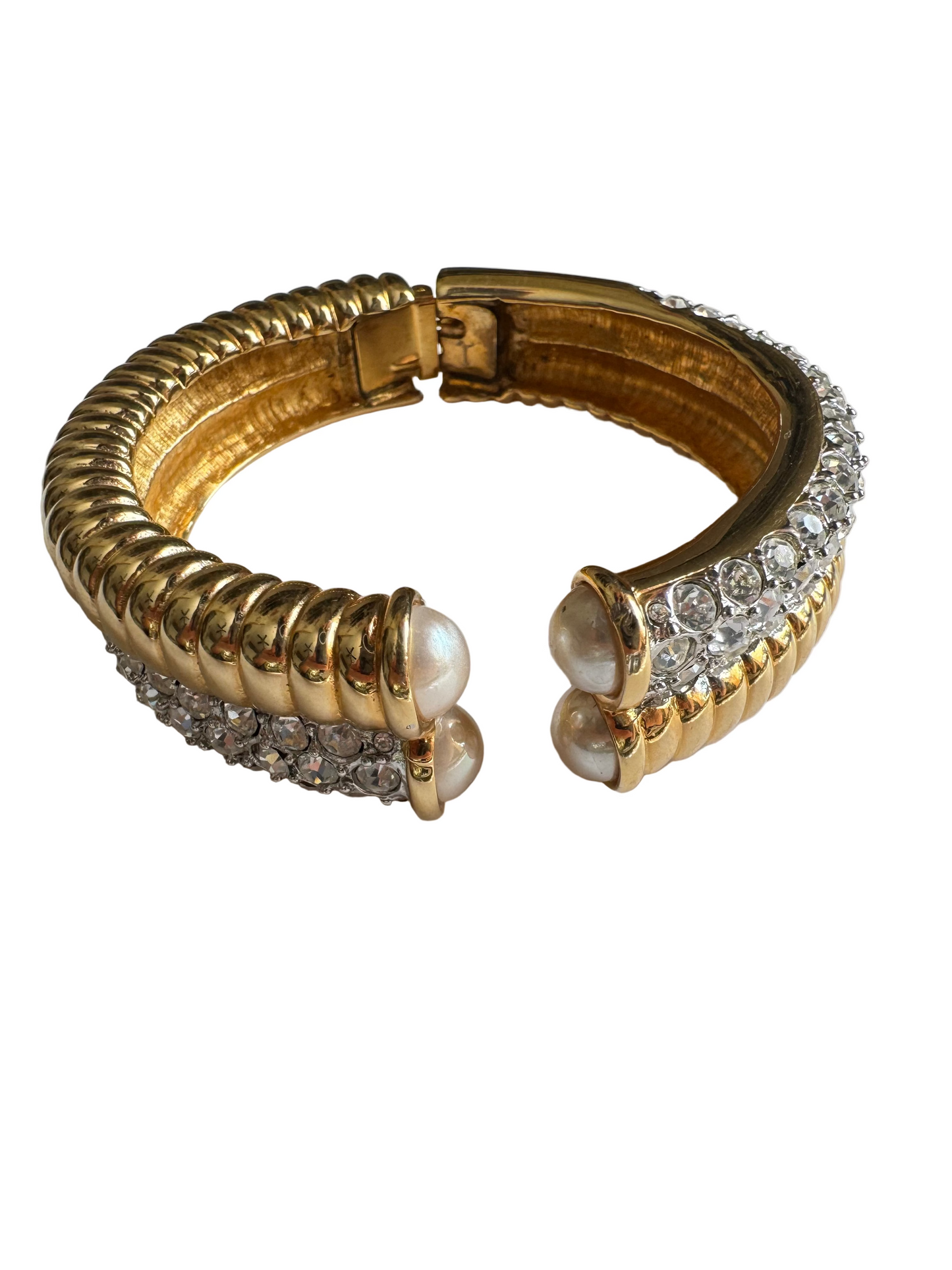 Vintage Nolan Miller Pearl & Crystal Hinged Cuff Bracelet