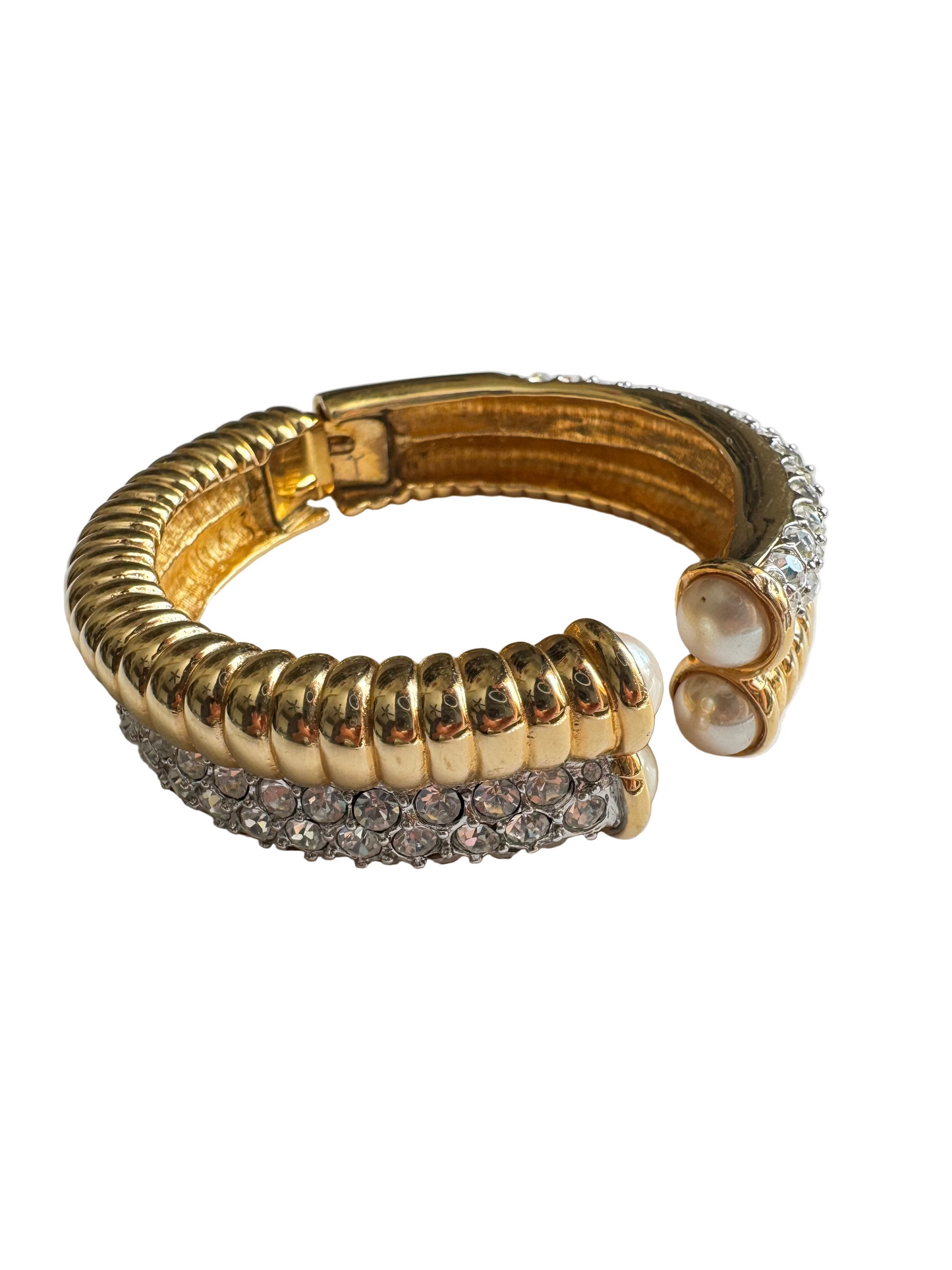Vintage Nolan Miller Pearl & Crystal Hinged Cuff Bracelet