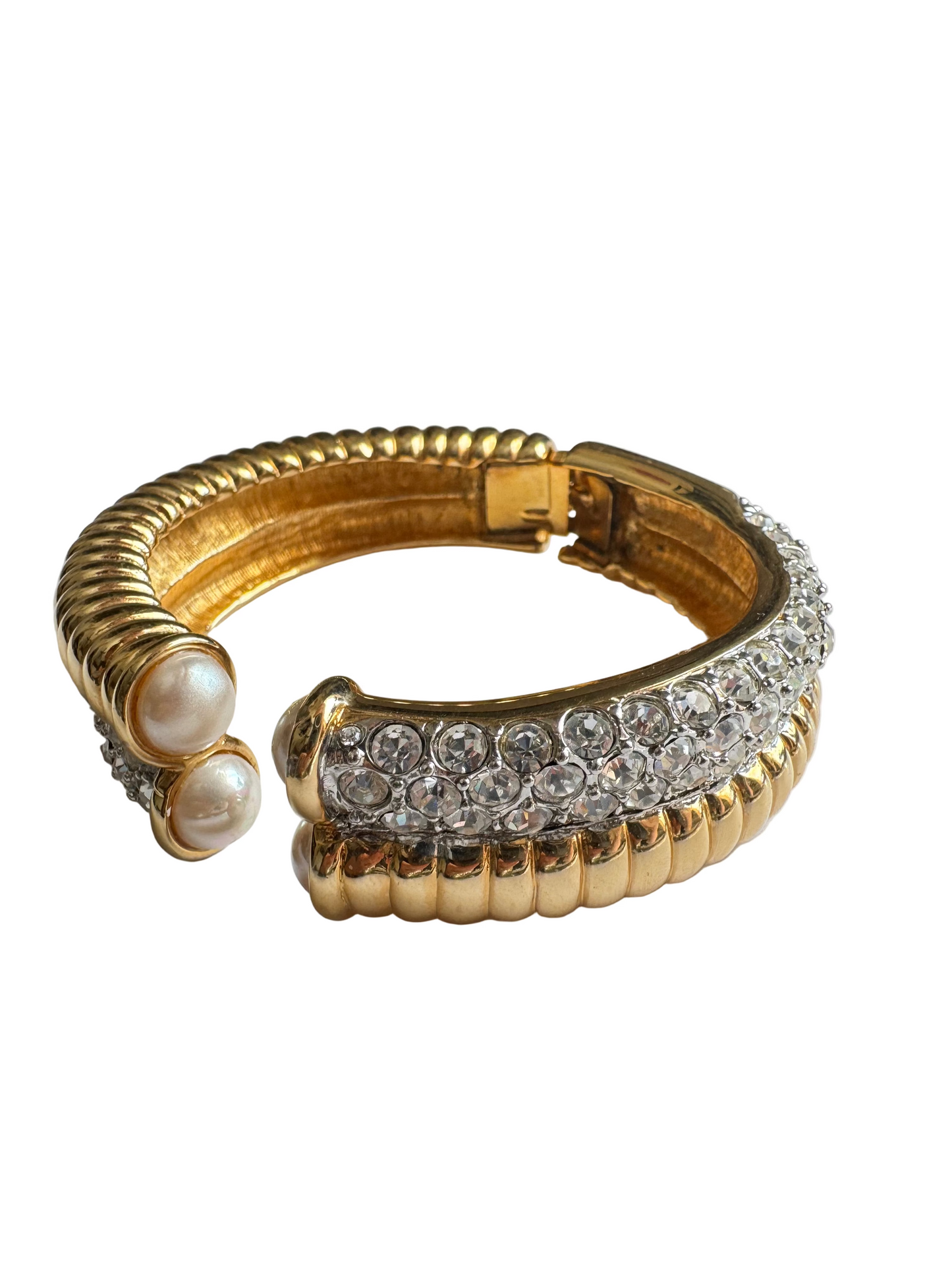 Vintage Nolan Miller Pearl & Crystal Hinged Cuff Bracelet