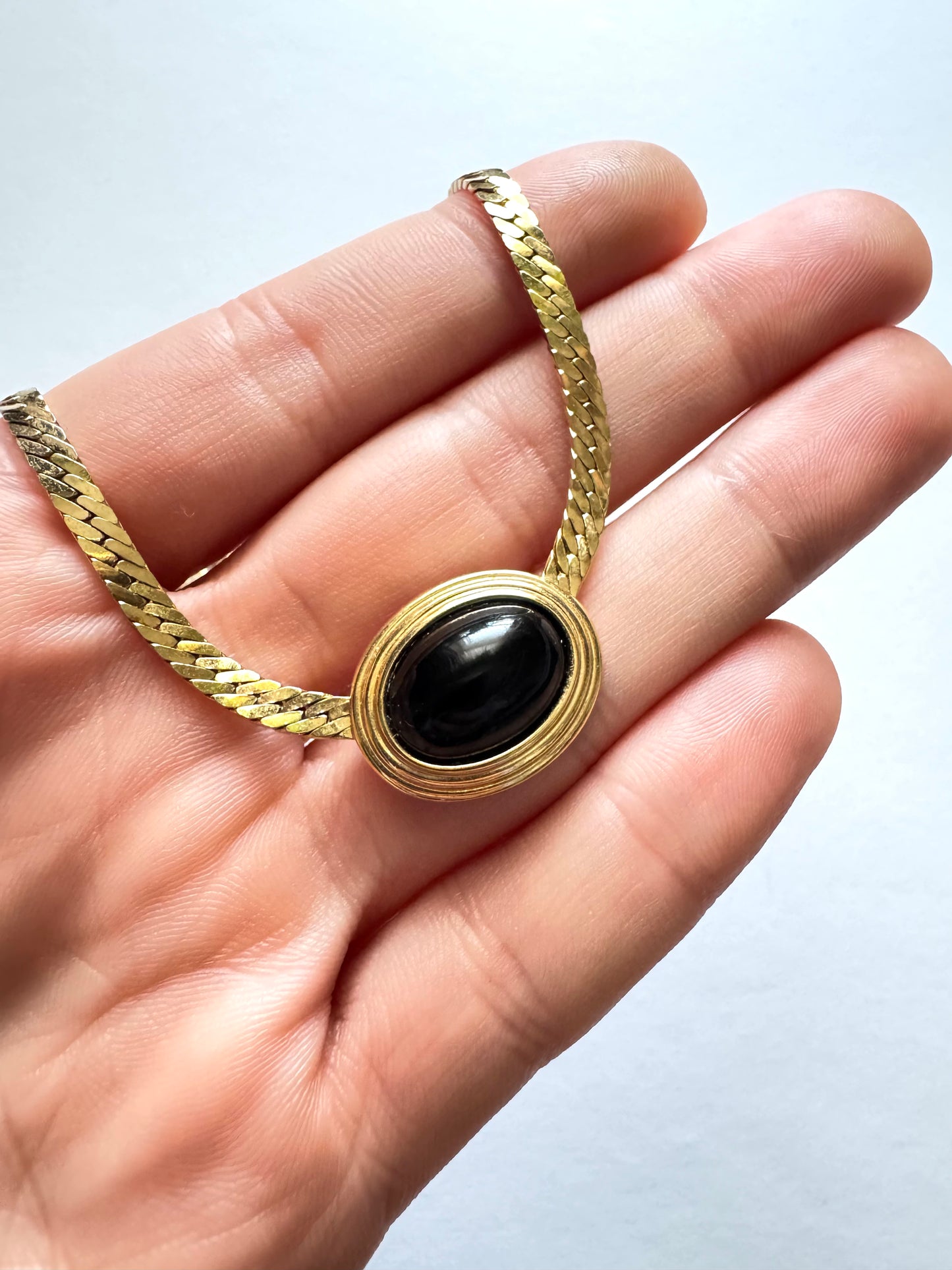 Vintage Christian Dior Black Cabochon Pendant Chain Necklace