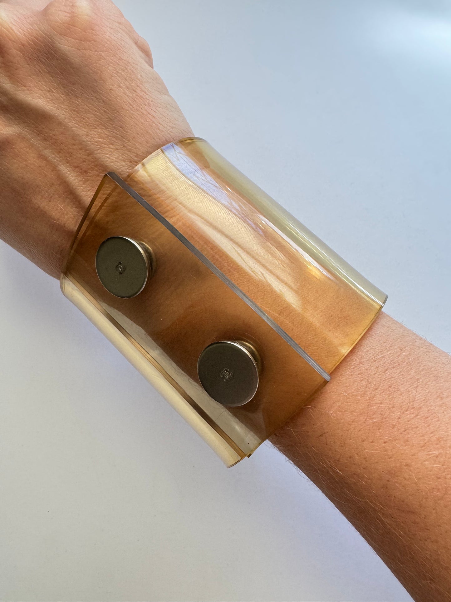 Vintage Chanel Transparent Vinyl Cuff Bracelet with Silver CC Studs