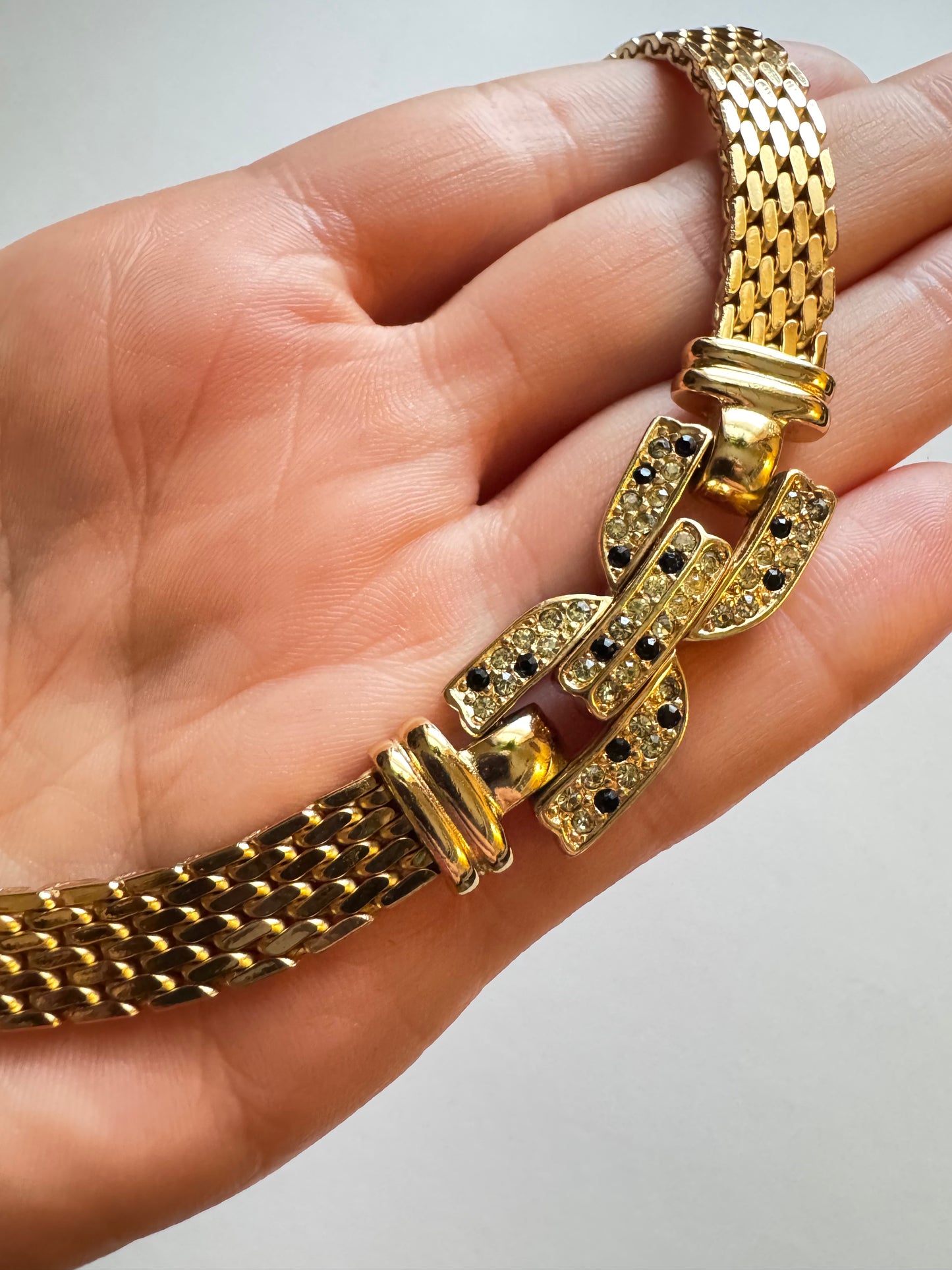 Vintage Christian Dior Gold-tone Panther Chain Collar Necklace with Pavé Link Center