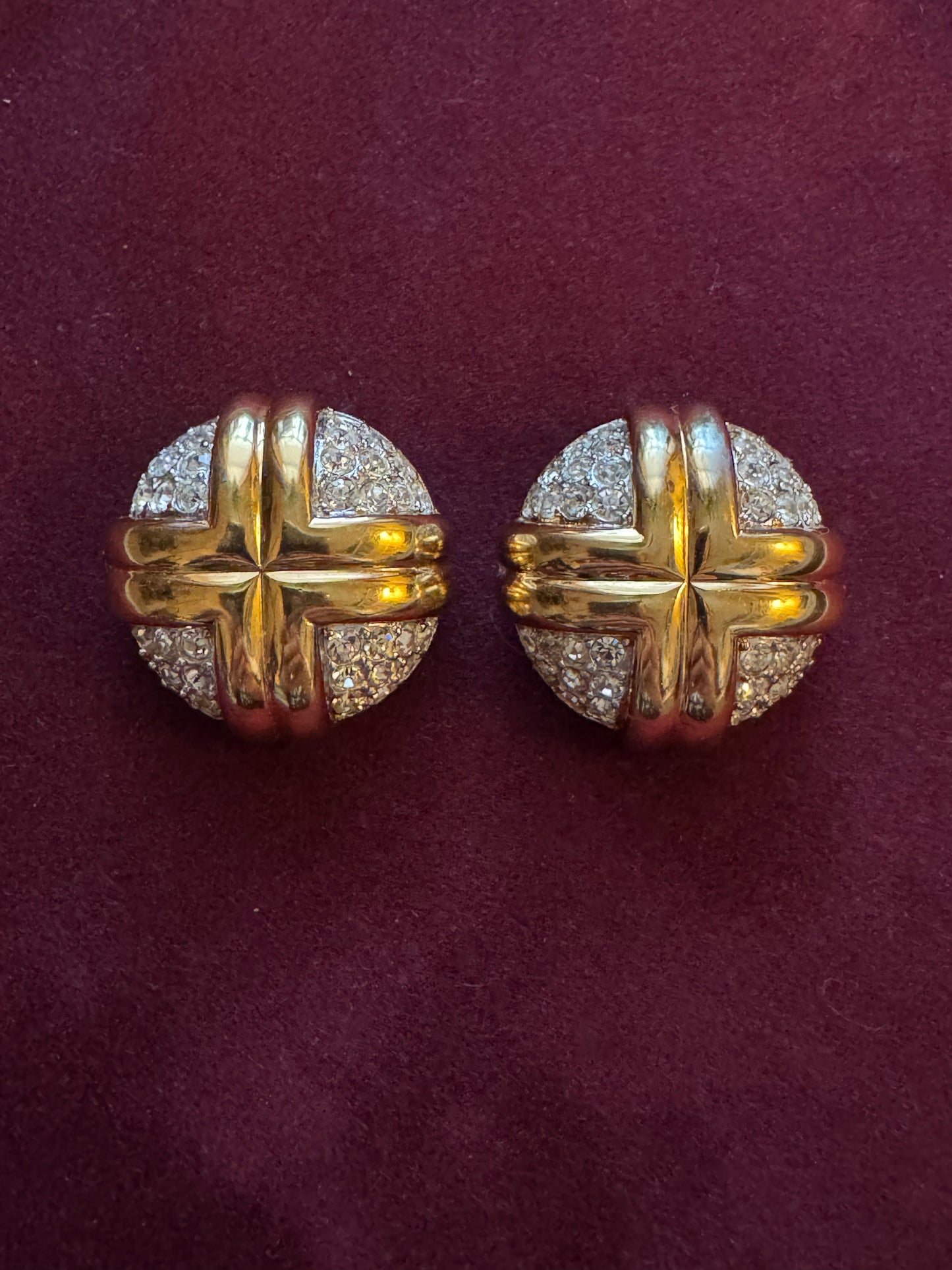 Vintage Nina Ricci Pavé Gold Cross Clip-On Earrings