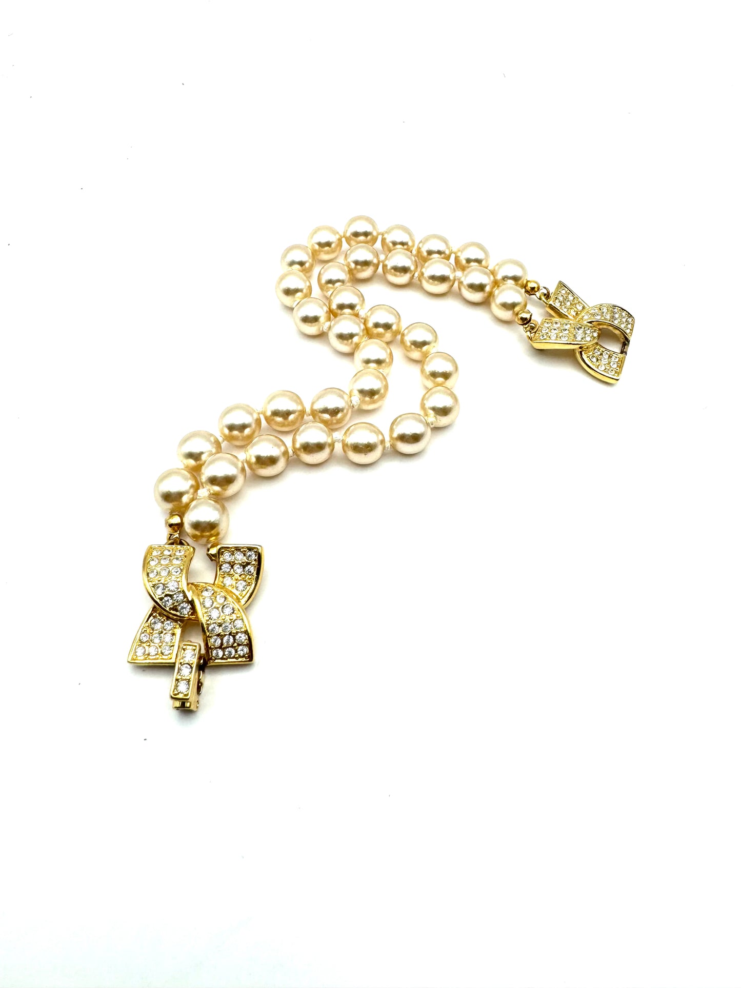 Vintage Kenneth Jay Lane Pearl X Gold Pave Clasp Bracelet
