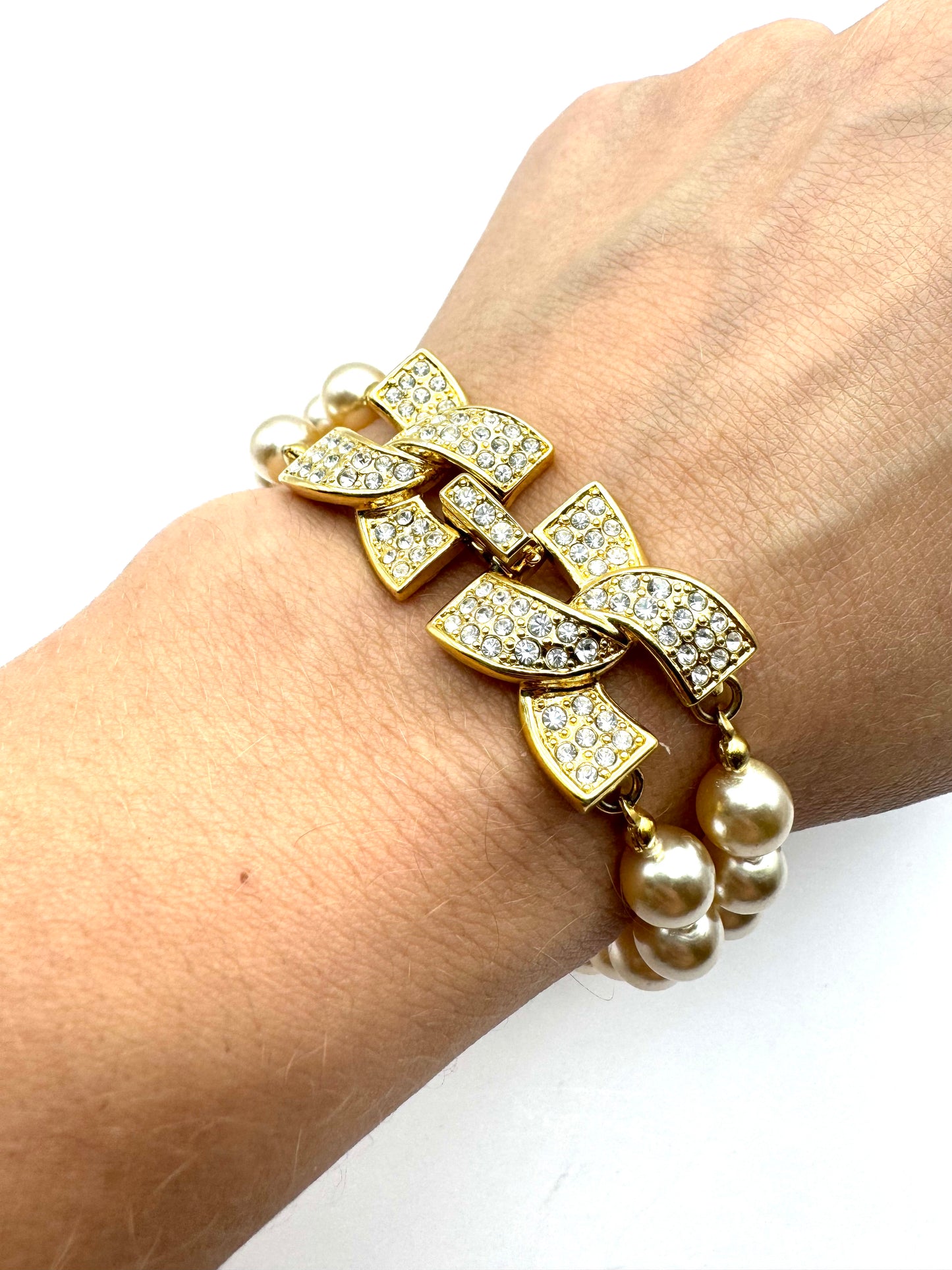 Vintage Kenneth Jay Lane Pearl X Gold Pave Clasp Bracelet