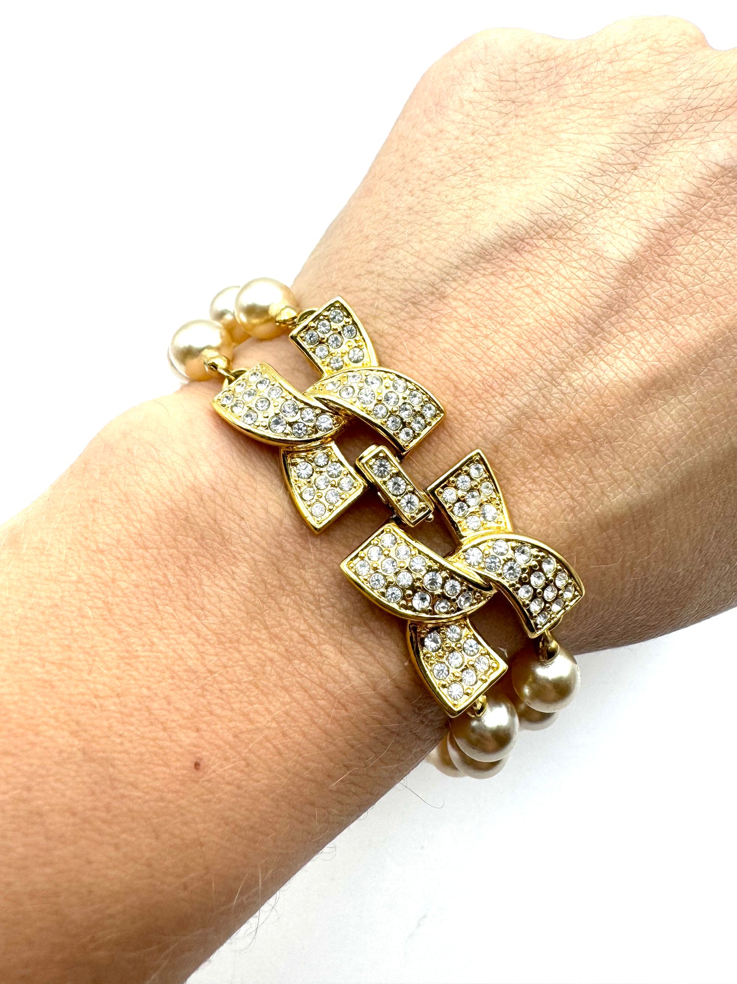 Vintage Kenneth Jay Lane Pearl X Gold Pave Clasp Bracelet