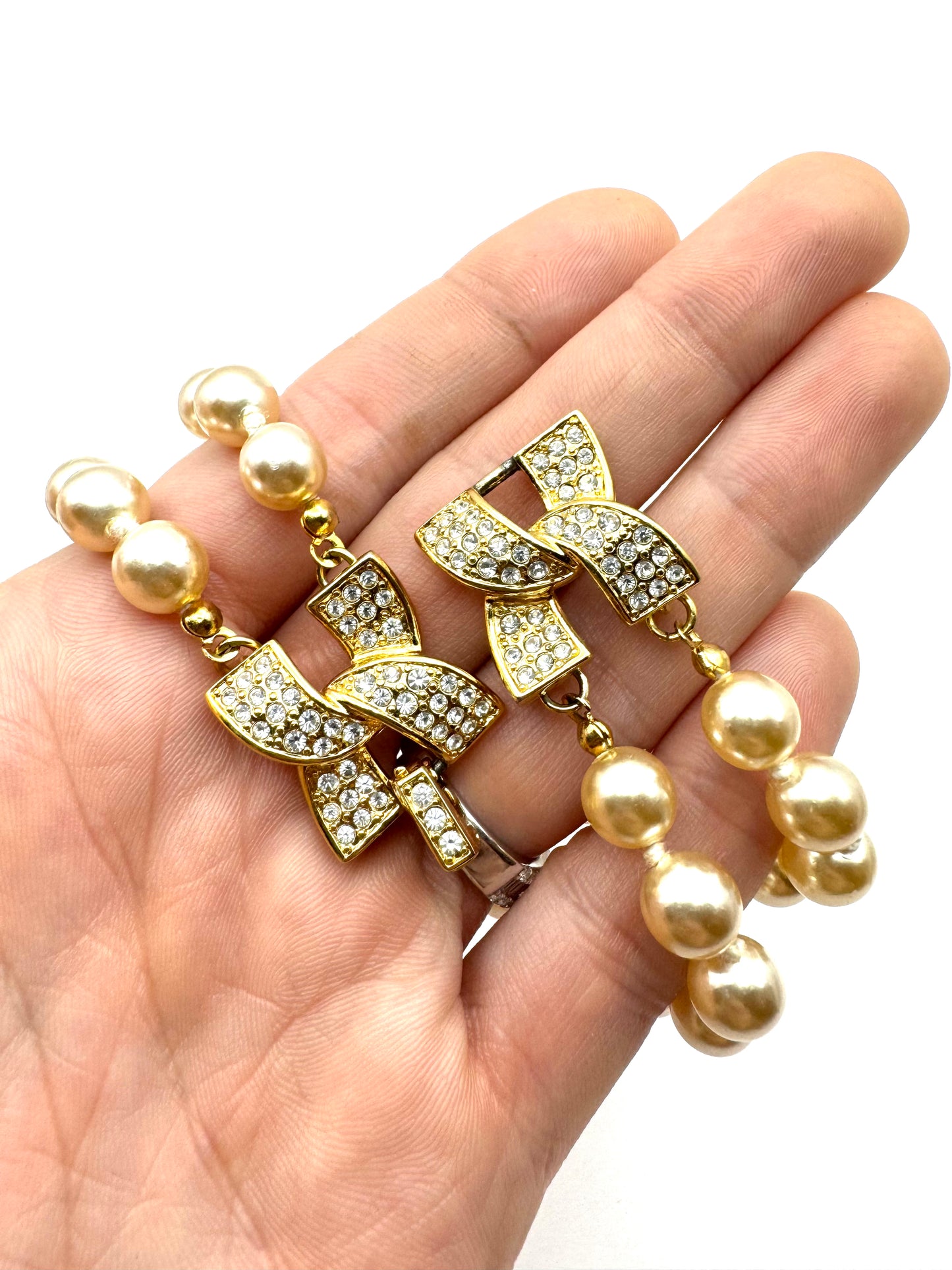 Vintage Kenneth Jay Lane Pearl X Gold Pave Clasp Bracelet