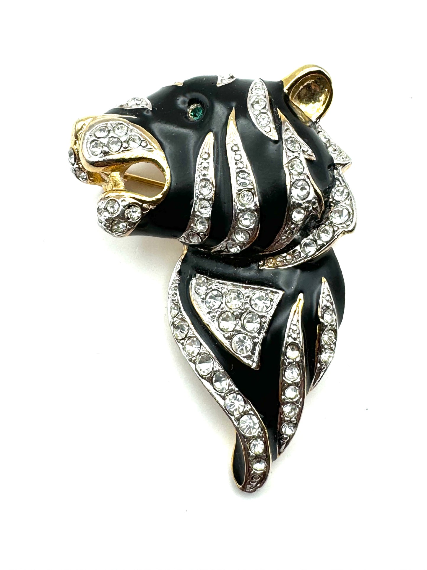 Vintage Gold Tone Black Enamel Rhinestones Tiger Brooch