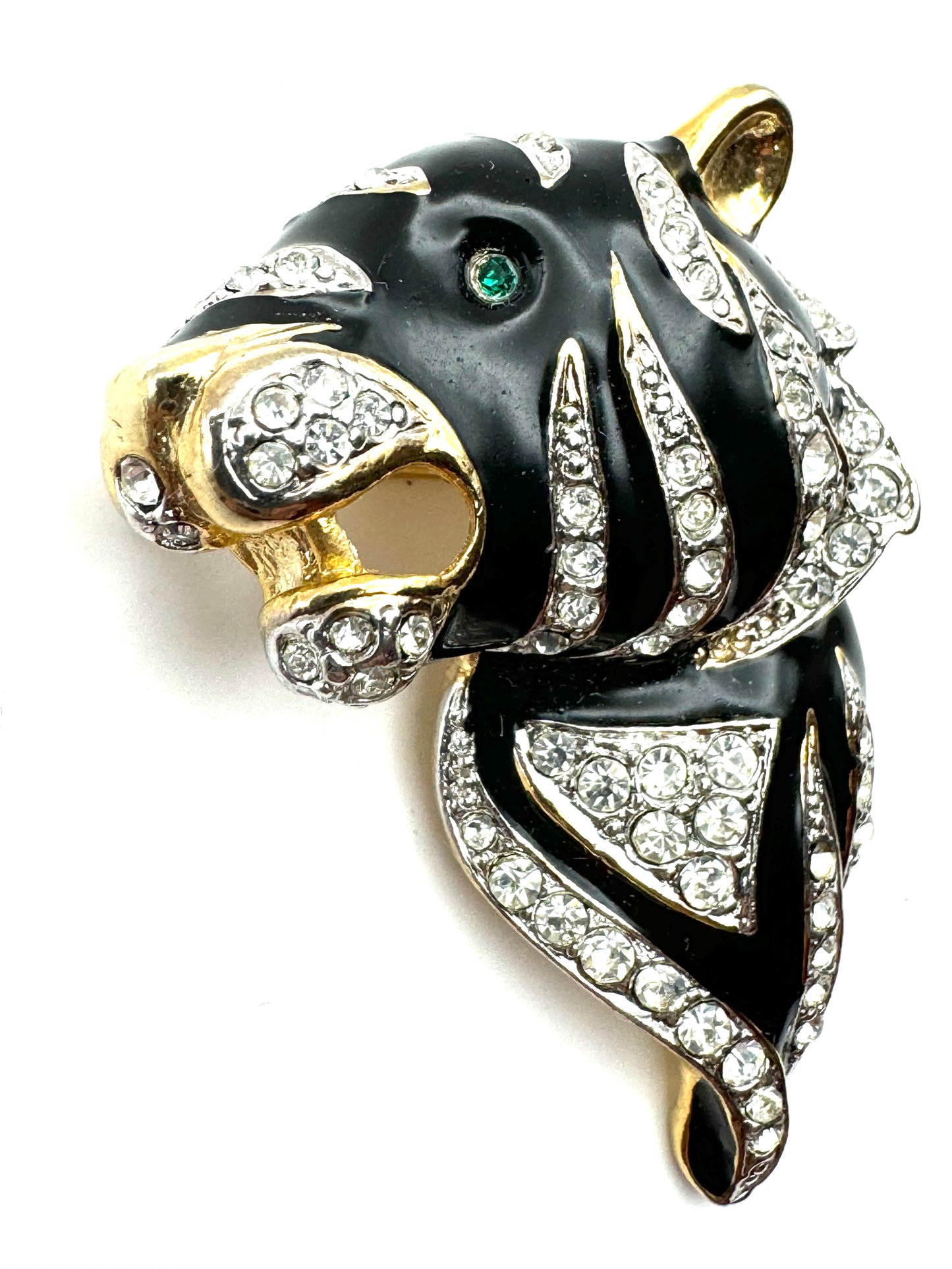 Vintage Gold Tone Black Enamel Rhinestones Tiger Brooch