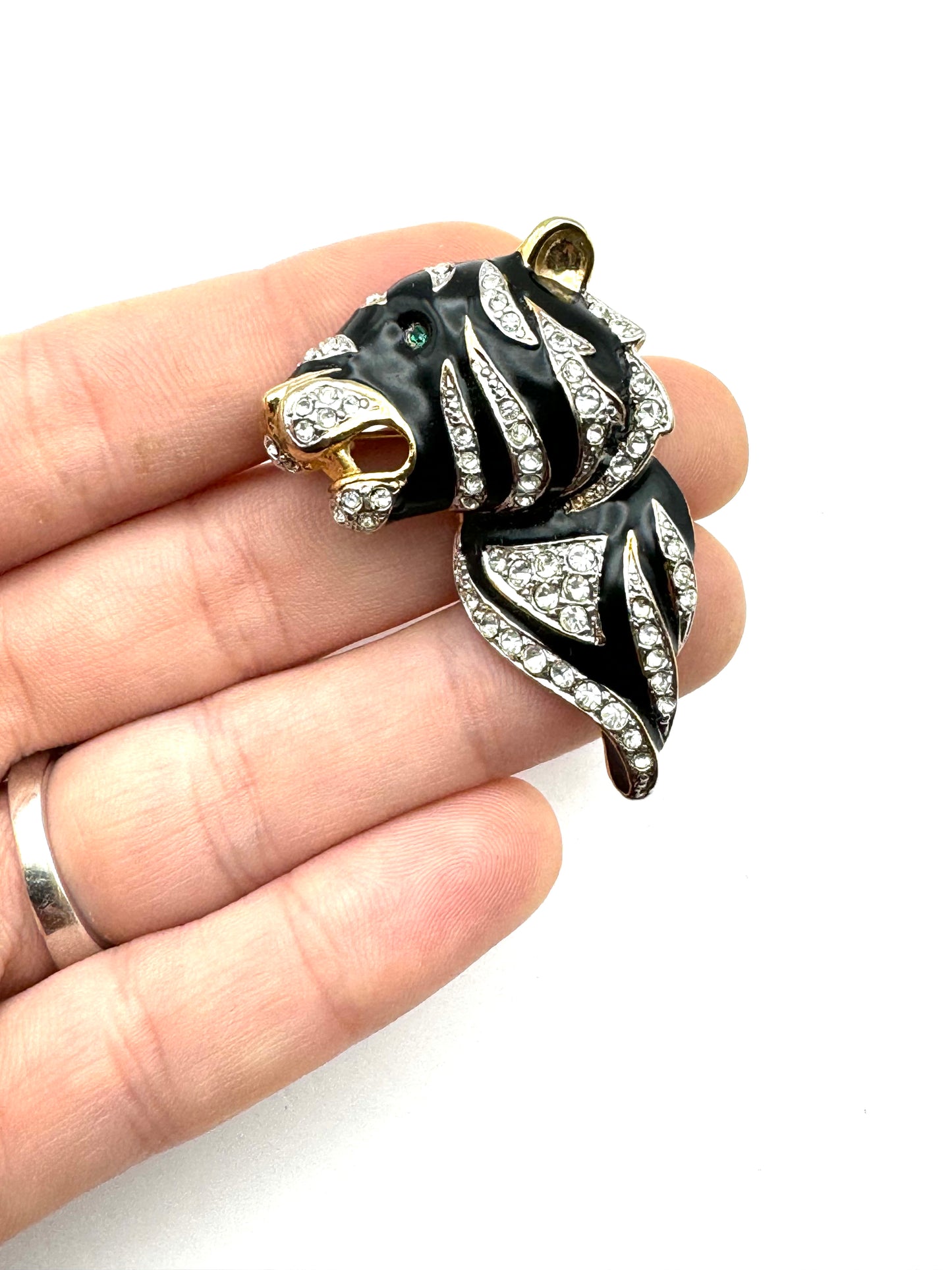 Vintage Gold Tone Black Enamel Rhinestones Tiger Brooch