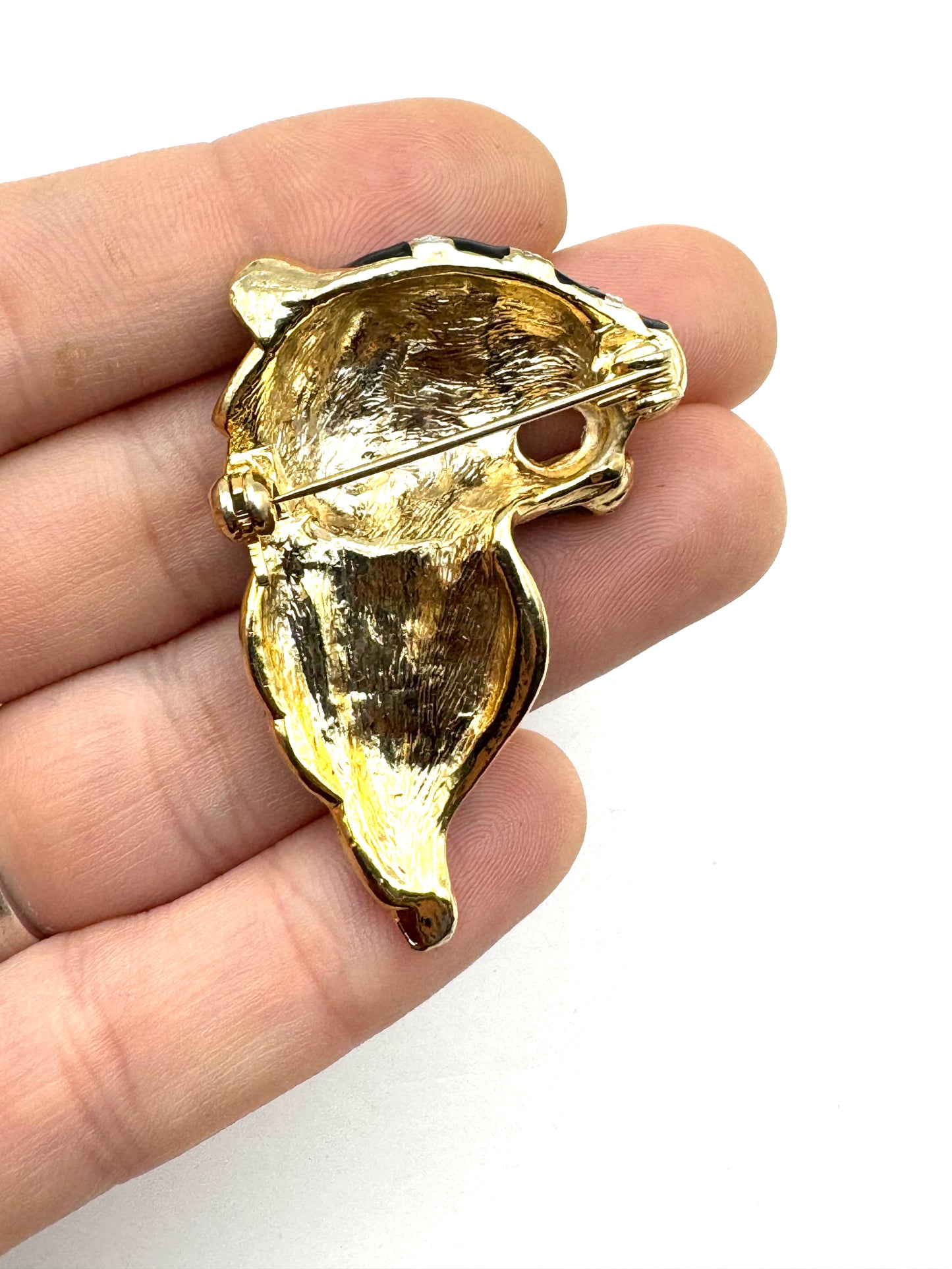 Vintage Gold Tone Black Enamel Rhinestones Tiger Brooch