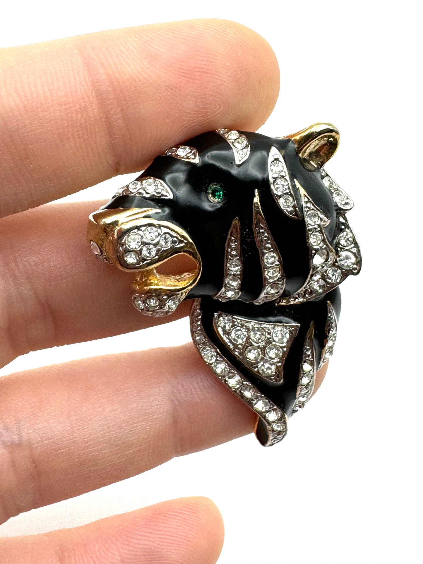 Vintage Gold Tone Black Enamel Rhinestones Tiger Brooch