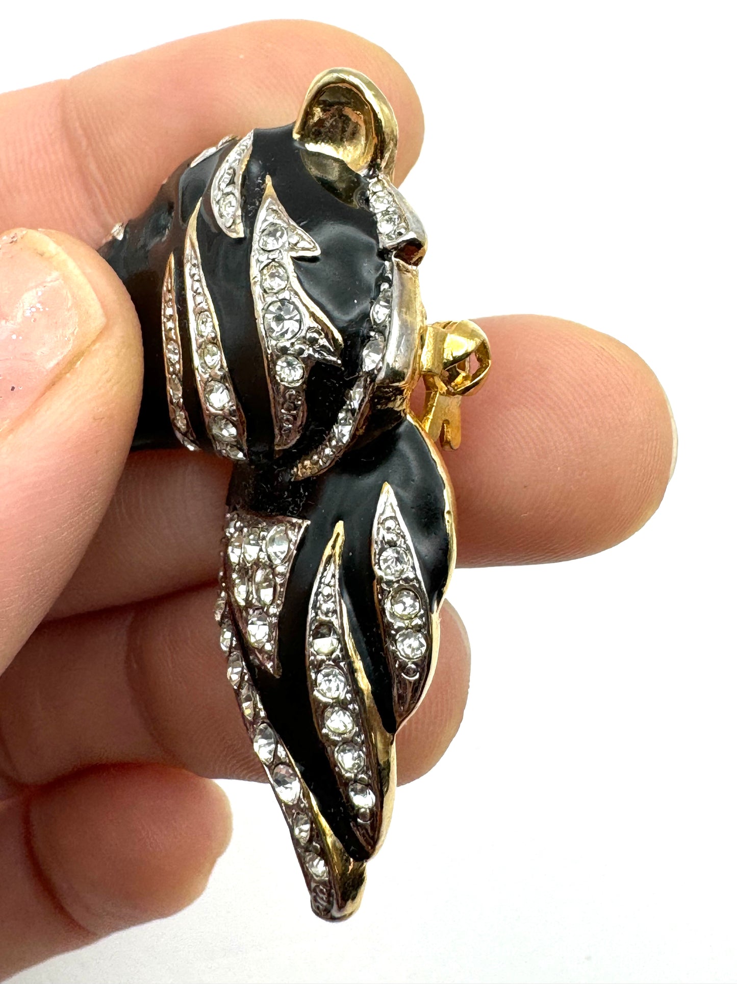 Vintage Gold Tone Black Enamel Rhinestones Tiger Brooch