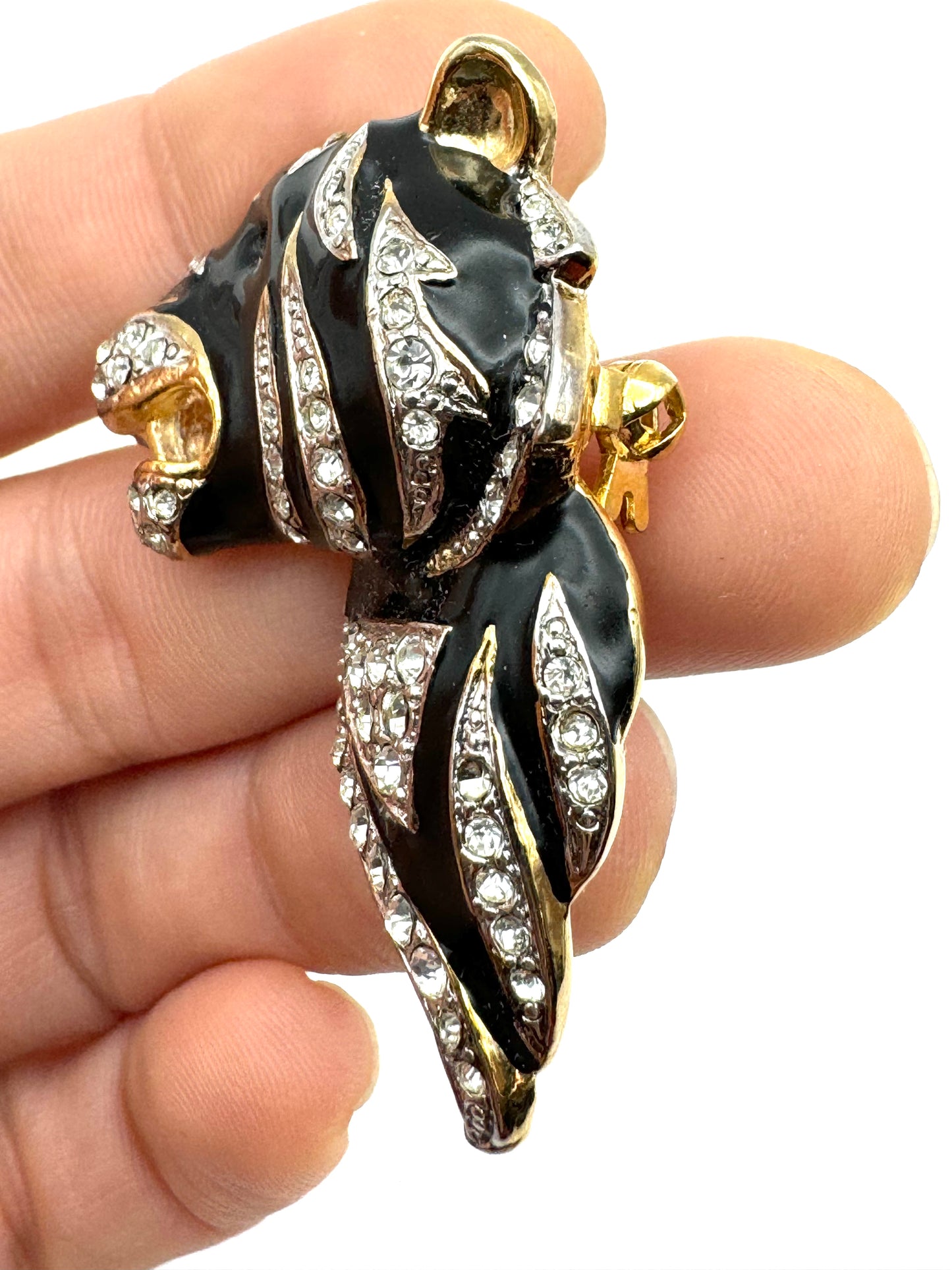 Vintage Gold Tone Black Enamel Rhinestones Tiger Brooch