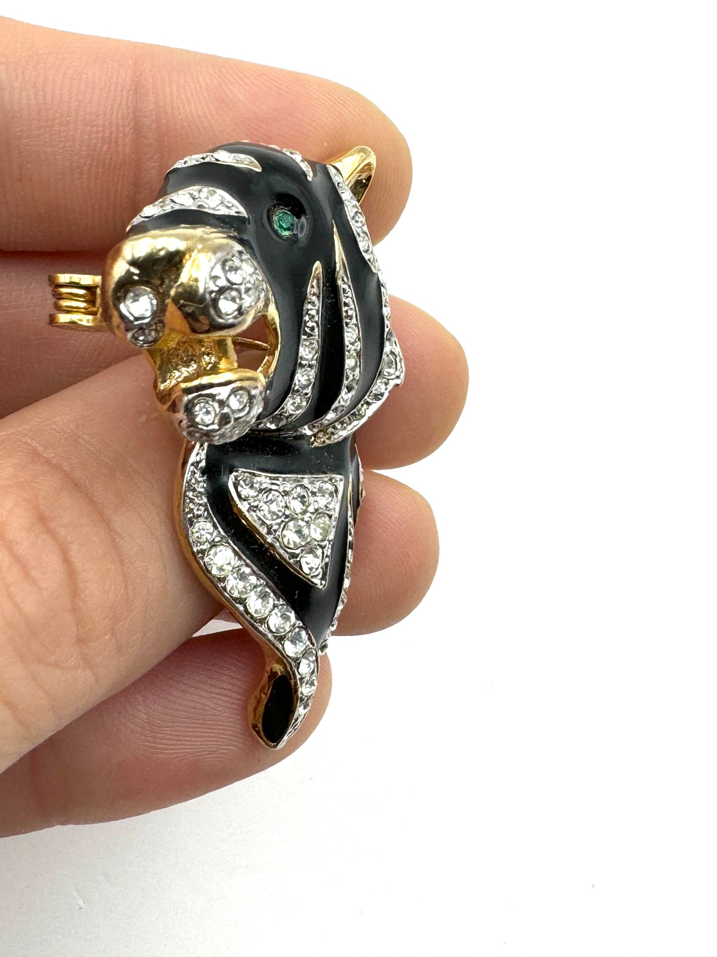 Vintage Gold Tone Black Enamel Rhinestones Tiger Brooch