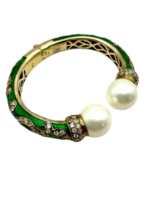 Signed LBC 925 Vermeil Faux Pearl Rhinestone Enamel Clamper Statement Bracelet